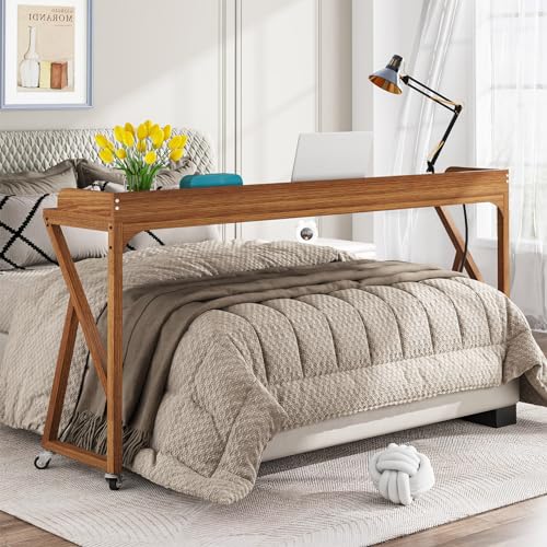 Tribesigns Overbed Table, 70.9" Queen Size Bed Table Over Bed Desk with Adjustable Tilt Board, Mobile Laptop Cart Computer Desk with 2 AC Outlets & 2 USB Ports on Wheels for Home/Hospital