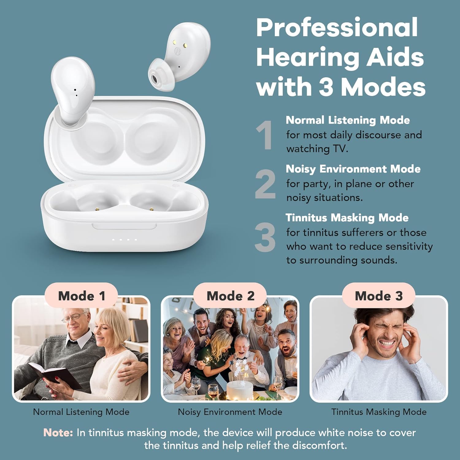 Autiphon Rechargeable Hearing Aids for Seniors Adults with Noise Cancelling, 8-channel Digital Hearing Amplifiers, with Tinnitus Masking Mode, Pair, AT108
