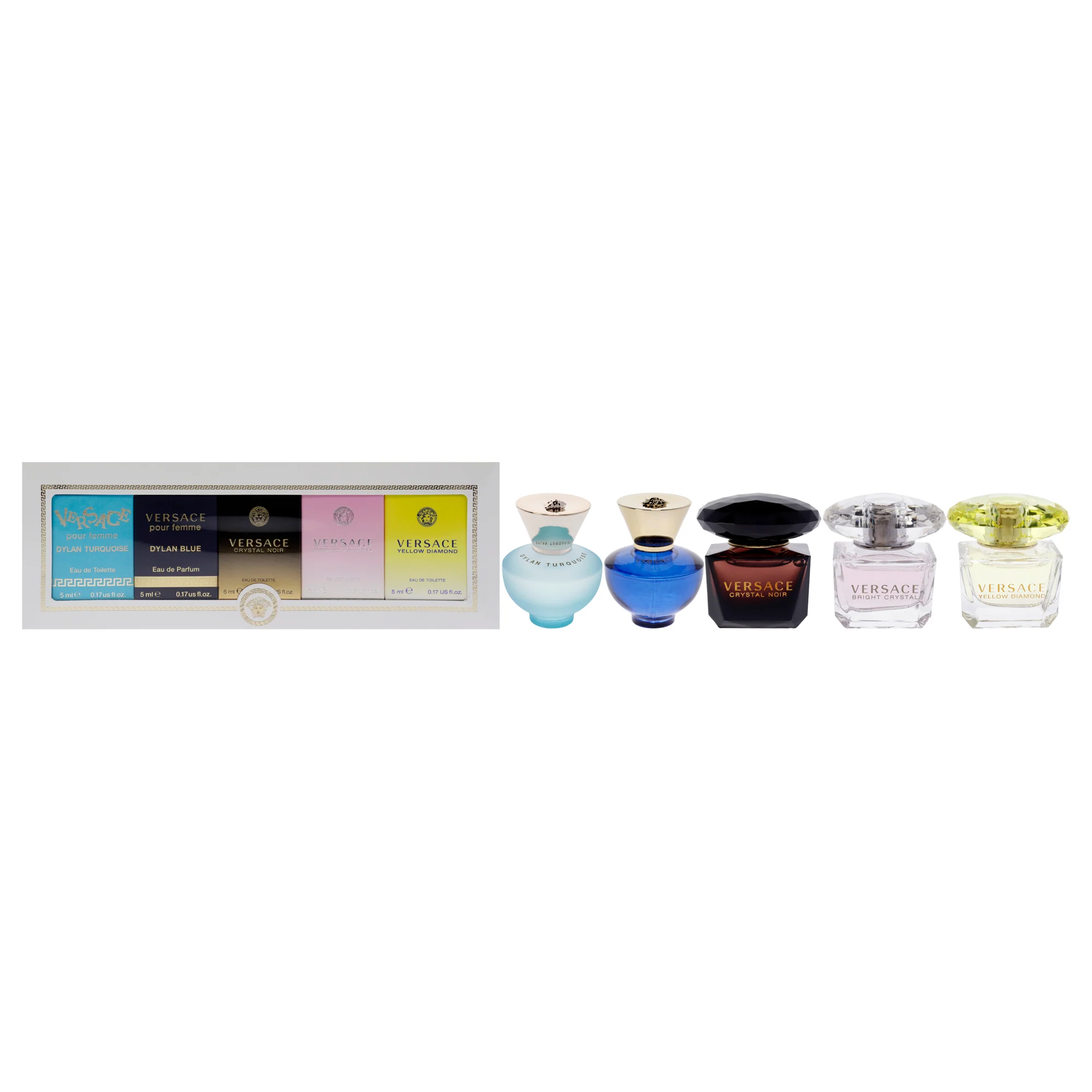 Versace Versace Miniatures Collection by Versace for Women - 5 Pc Mini Gift Set 0.17oz Versace Dylan Blue EDP Splash, 0.17oz Versace Dylan Turquoise EDT Splash, 0.17oz Versace Crystal Noir EDT Splash, 0.17oz Versace Bright Crystal EDT Splash, 0.17oz