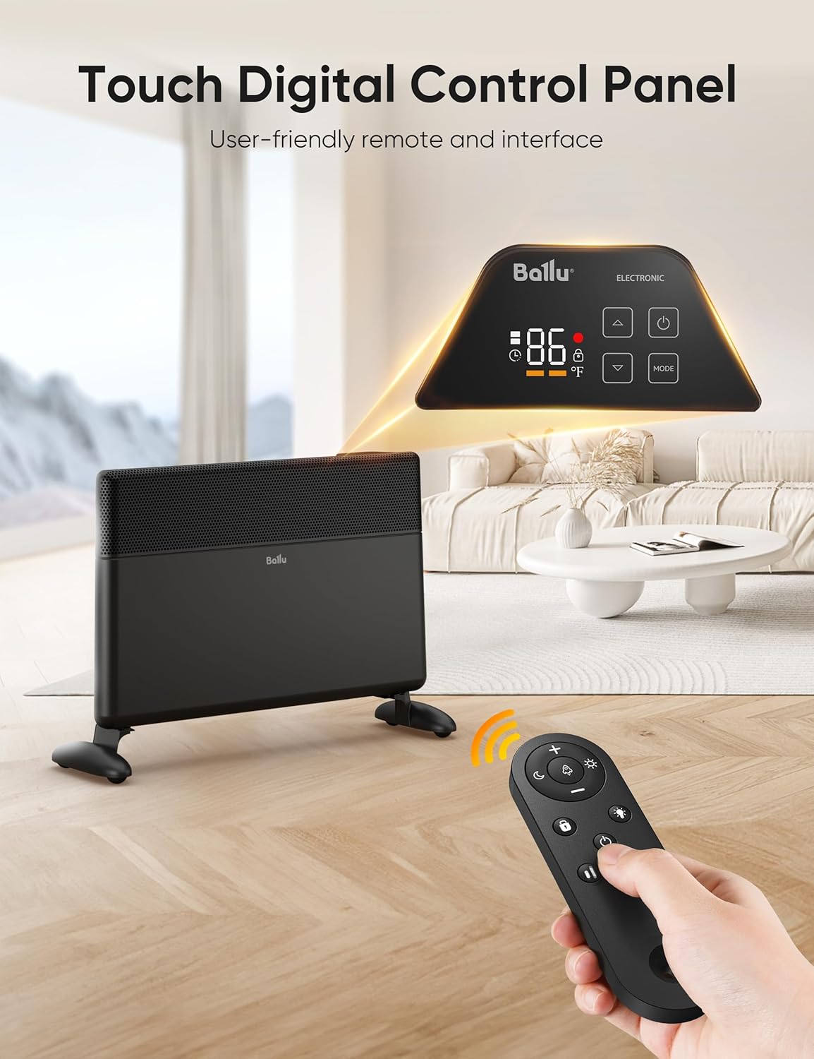 Ballu Convection Space Heaters for Indoor Use,1500W Whole Room Heating with Ditial Thermostat,Remote,24 hours Timer,Eco,Portable Stand & Wall mount,Large Room Panel Electric Space Heater for Bedroom