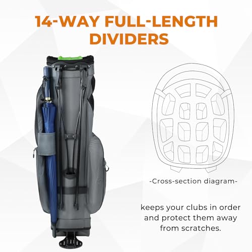 14 Way Dividers Golf Stand Bag Lightweight, Golf Bag for Men Women with Multiple Pockets, Dual Strap and Rain Cover Hood