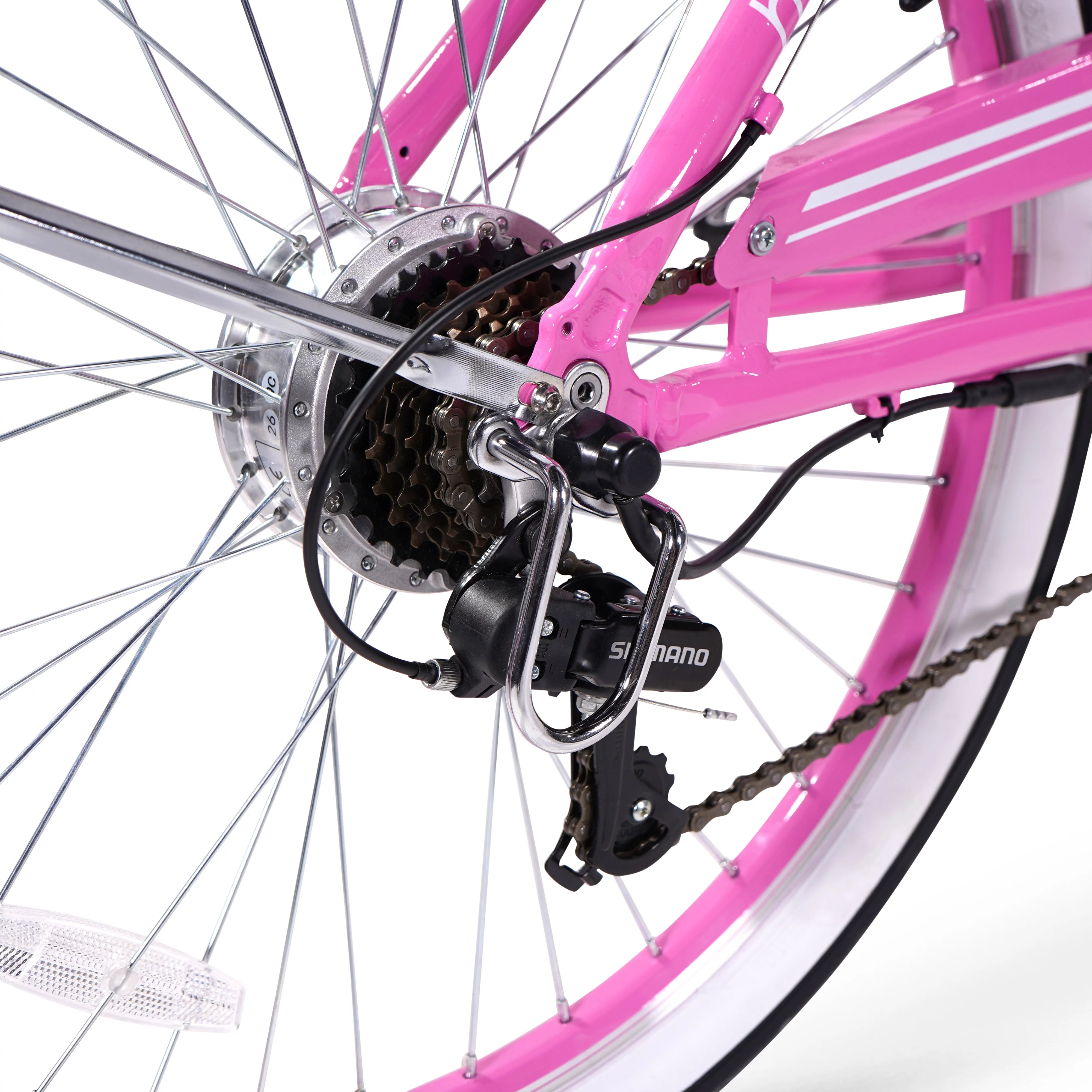 Hyper Bicycles Barbie 26" Ladies 36V Electric Cruiser E-Bike with Pedal-Assist, for adults, 250W Motor, Pink