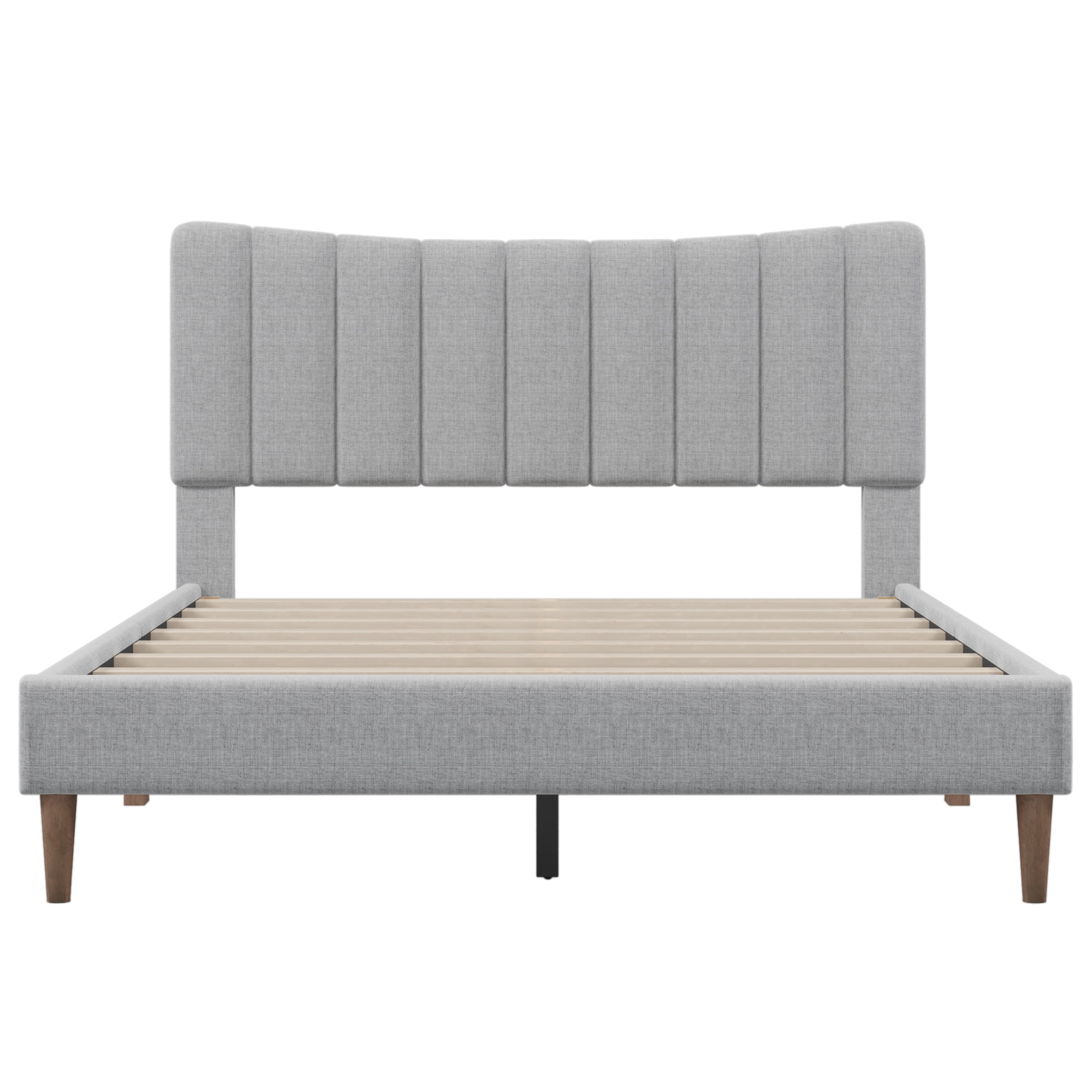 Queen Size Platform Bed Frame with Linen Vertical Channel Tufted Headboard and Wooden Slats Support, Fully Upholstered Mattress Foundation, No Box Spring Needed, Easy Assembly, Gray