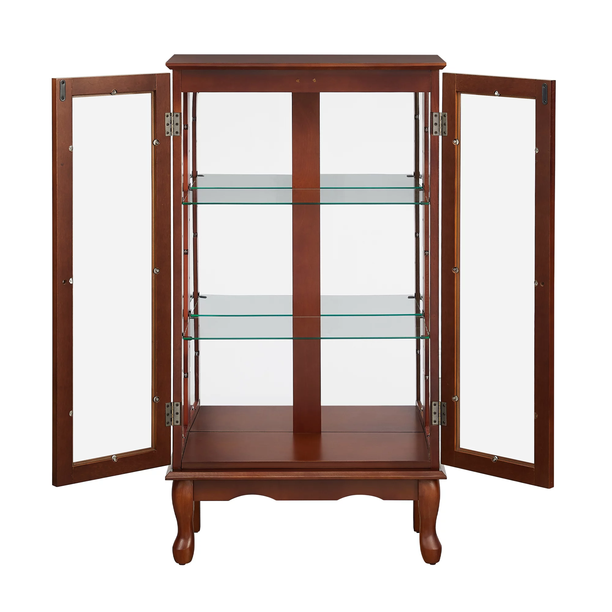 3 Shelf Lighted Curio Cabinet, 43.5" Tempered Glass Floor Display Cabinet with Adjustable Shelves and Mirrored Back Panel, E26 light Bulb Not Included, Walnut