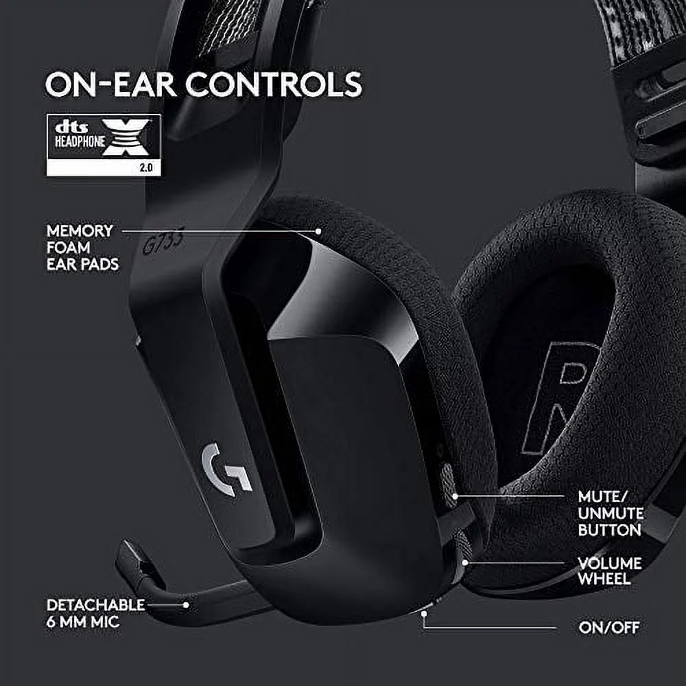 Logitech G733 LIGHTSPEED Wireless Gaming Headset with suspension headband, LIGHTSYNC RGB, Blue VO!CE mic technology and PRO-G audio drivers, Black