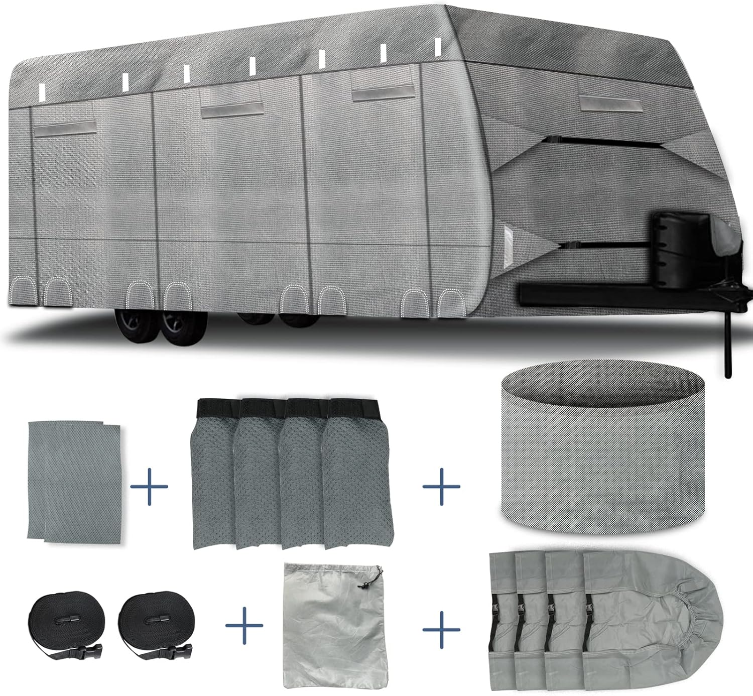 RV Cover, NUNFLOC Travel Trailer Cover 6 Layers Top Panel Upgraded Fabric, Windproof Camper Cover, RV Trailer, Anti-Scratch, UV Resistant Prevents Top Tearing Caused by Sun Exposure (27'1''-30')