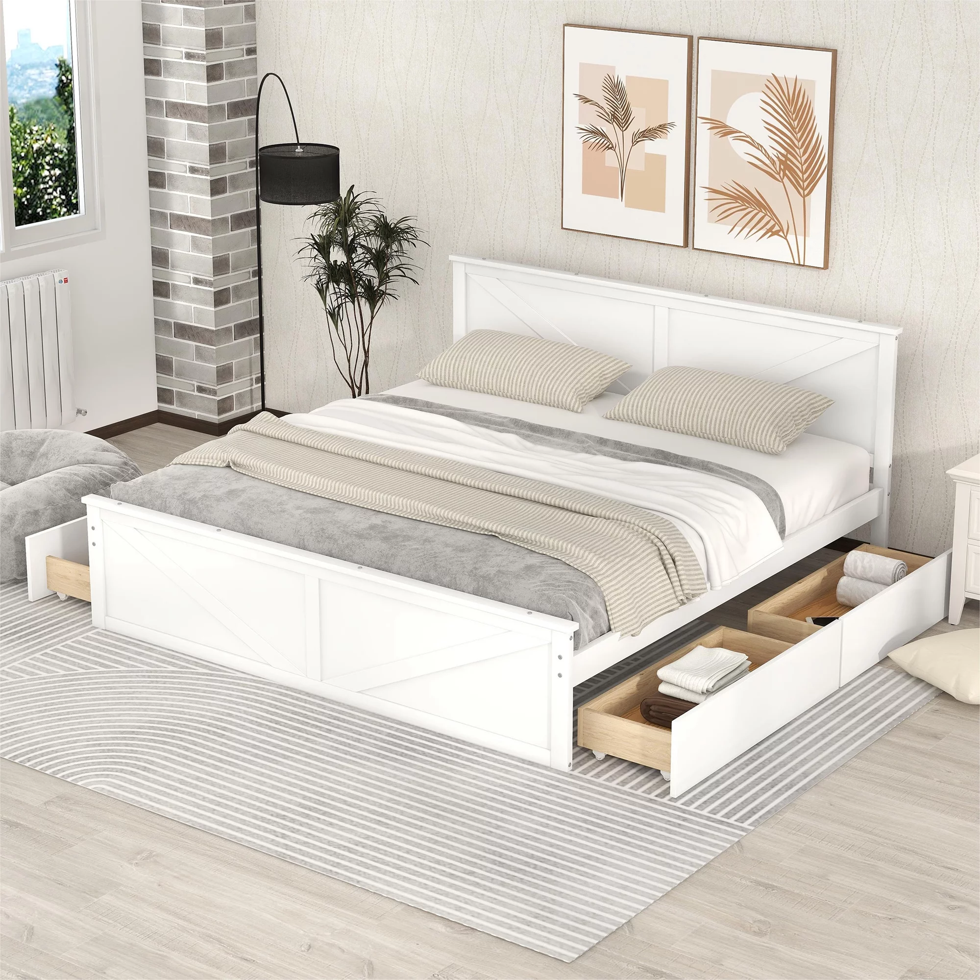iRerts King Bed Frame with Headboard, Solid Wood King Platform Bed Frame with Storage Drawers, Slats Support and Support Legs, Modern King Size Bed Frame No Box Spring Needed for Bedroom, White
