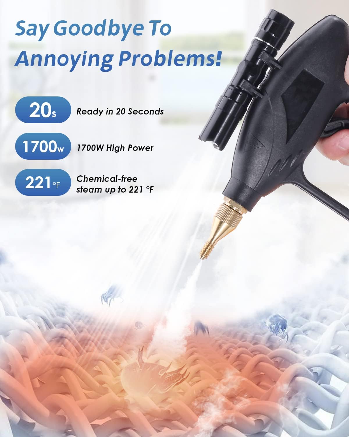 Hapyvergo High Pressure Steam Cleaner, 1700W Handheld High Temp Portable Cleaning Machine, Tankless for Home Use Grout Tile Car Detailing Kitchen Bathroom (Blue)
