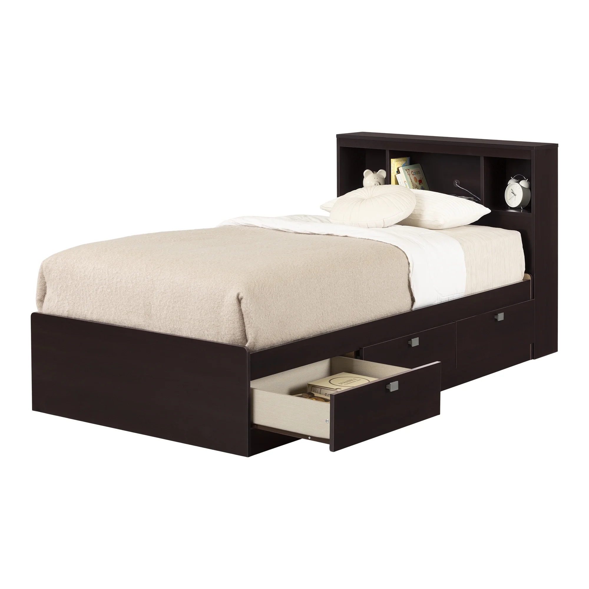 South Shore Spark 3-Drawer Storage Bed, Twin, Chocolate, with Bookcase Headboard