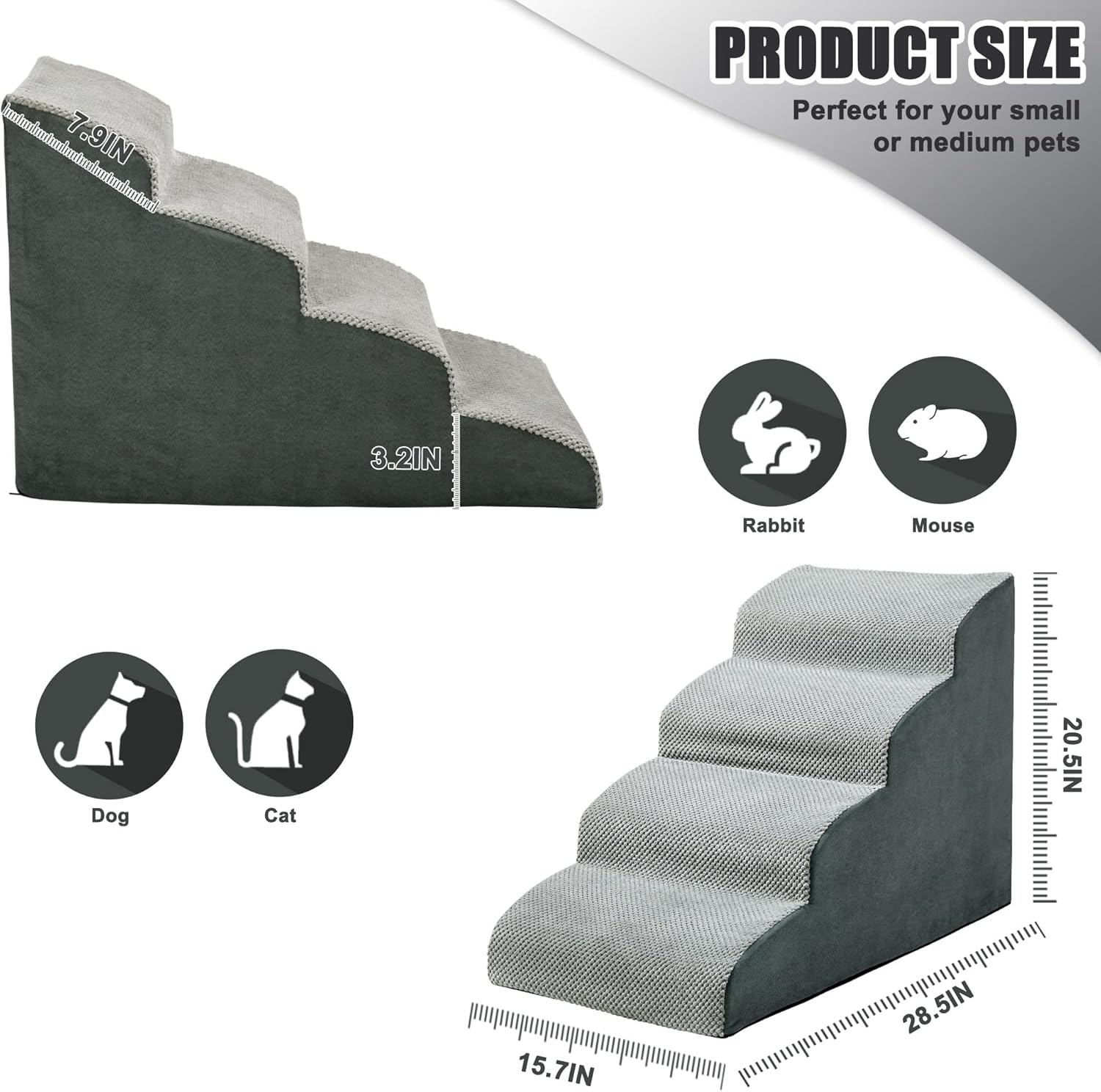 MALOROY Foam Dog Ramps, Dog Stairs Ladder Pet Ramp Stairs Non-Slip Pet Step for Older Dogs, Pet with Joint Pain, Sofa Bed Ladder for Cats (Grey)