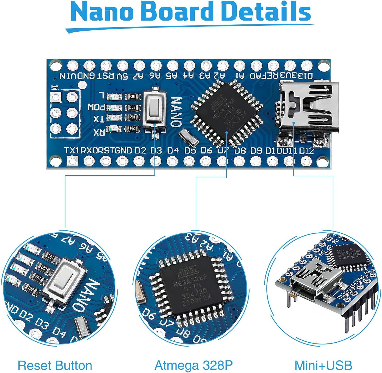 Weewooday 6 Pieces Nano Board V3.0 ATmega328P Without Cable Compatible with Arduino Nano V3.0 with Pin Headers Pin Unsoldered