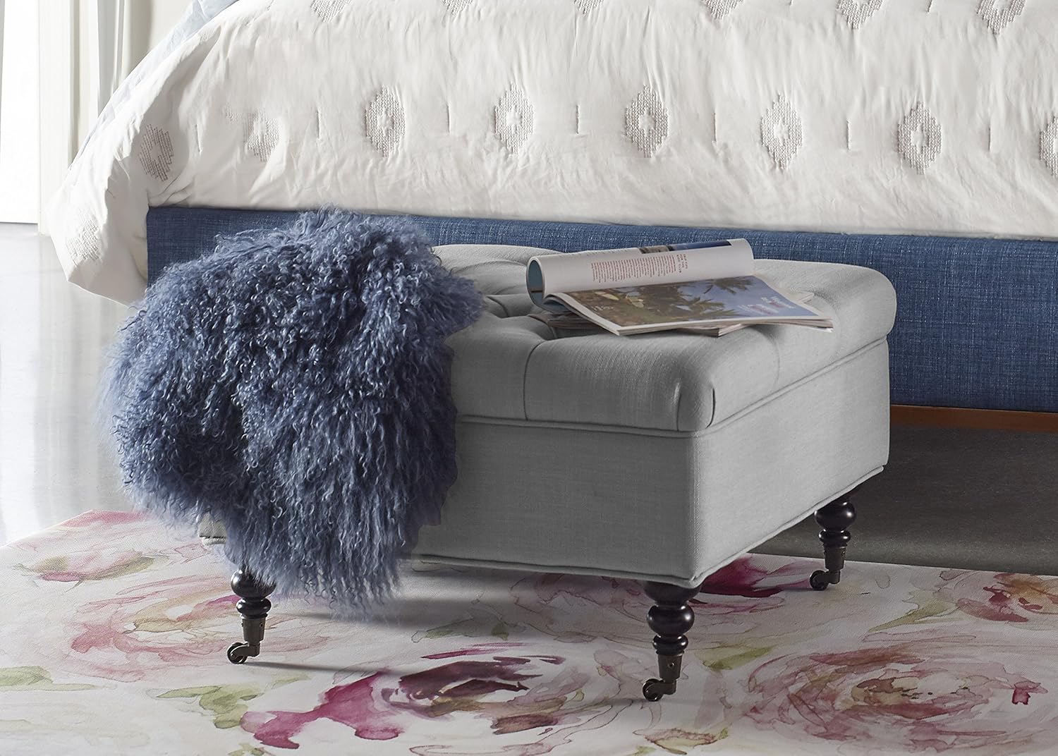 Serta Abbot Square Tufted Ottoman with Storage and Casters, Cobalt Blue