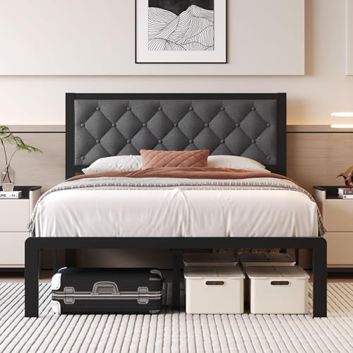 Queen Bed Frame with Headboard PU Leather Upholstered Bed Frame Platform,All Metal Slats Support Platform Bed Frame with Storage Space,Easy Assembly,Noise Free,No Box Spring Needed,Black