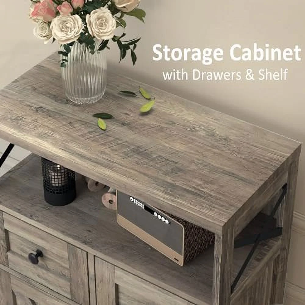 HJZUINIUNIU Farmhouse  Cabinet with Drawers and   Freestanding Kitchen Pantry  Cabinet  Floor  Cabinet Hutch Cupboard for Kitchen  Living Room  Home Office  Rustic Grey