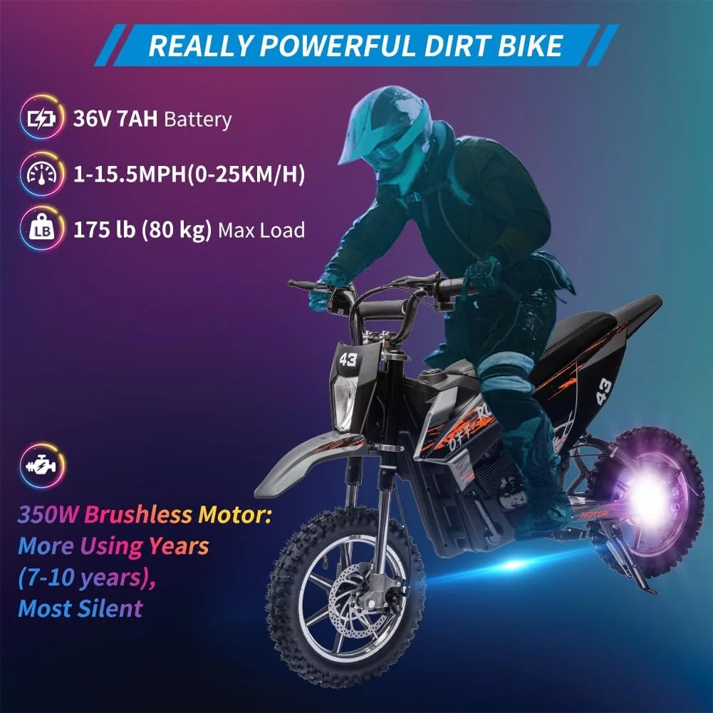 36V Electric Dirt Bike for Kids, Ride on Motorcycle 350W Brushless Motor Variable Speed to 15.5MPH with LED Headlight, Leather Seat,Front+Back Brake for Teens Max Load 175lbs,Black