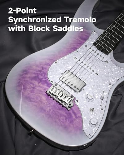 Donner 39 Inch Electric Guitar, DST-550 Color Gradient Poplar Body, Laurel Fretboard & Maple Veneer, 7 Tone Options, Tremolo Bridge, for Intermediate & Pro Players, Bonus Bag – Amethyst white burst