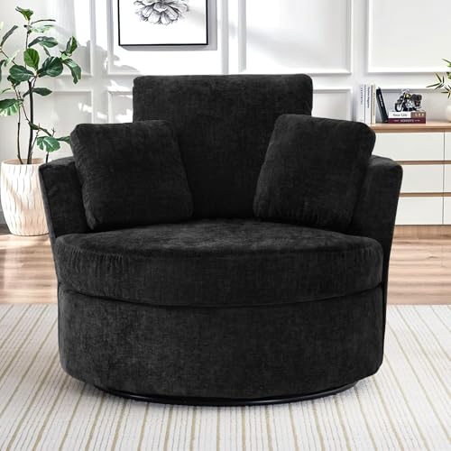 Chair and A Half with Ottoman, 360° Swivel Accent Barrel Chair Modern Comfy Round Reading Sofa Swivel Chairs Circle Lounge Chair for Bedroom Living Room w/4 Pillow Lower Seating Heigh (White, Large)