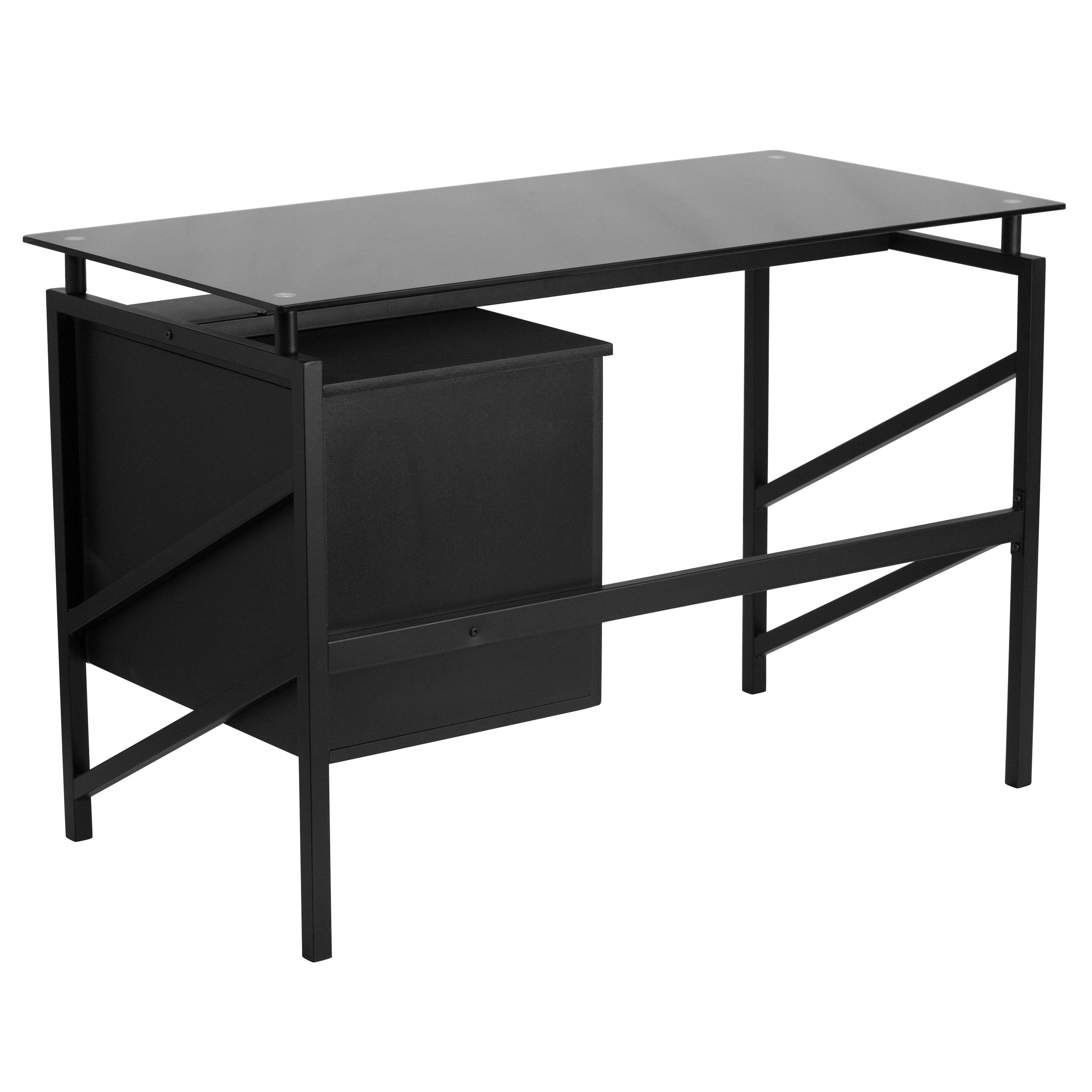Lancaster Home Two Drawer Pedestal Desk with Tempered Glass Top and Metal Frame, Size: Medium, Black