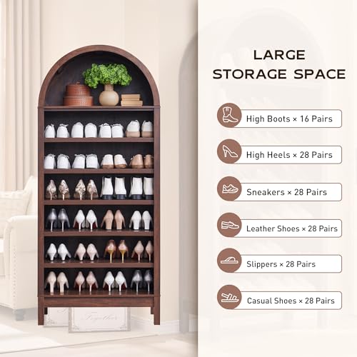 71" Tall Arched Bookshelf, 7 Tiers Arch Bookcase with Storage, Modern Farmhouse Book Shelf with Adjustable Shelves, Wood Bookshelf w/Open Display Shelves for Living Room, Office (Natural)