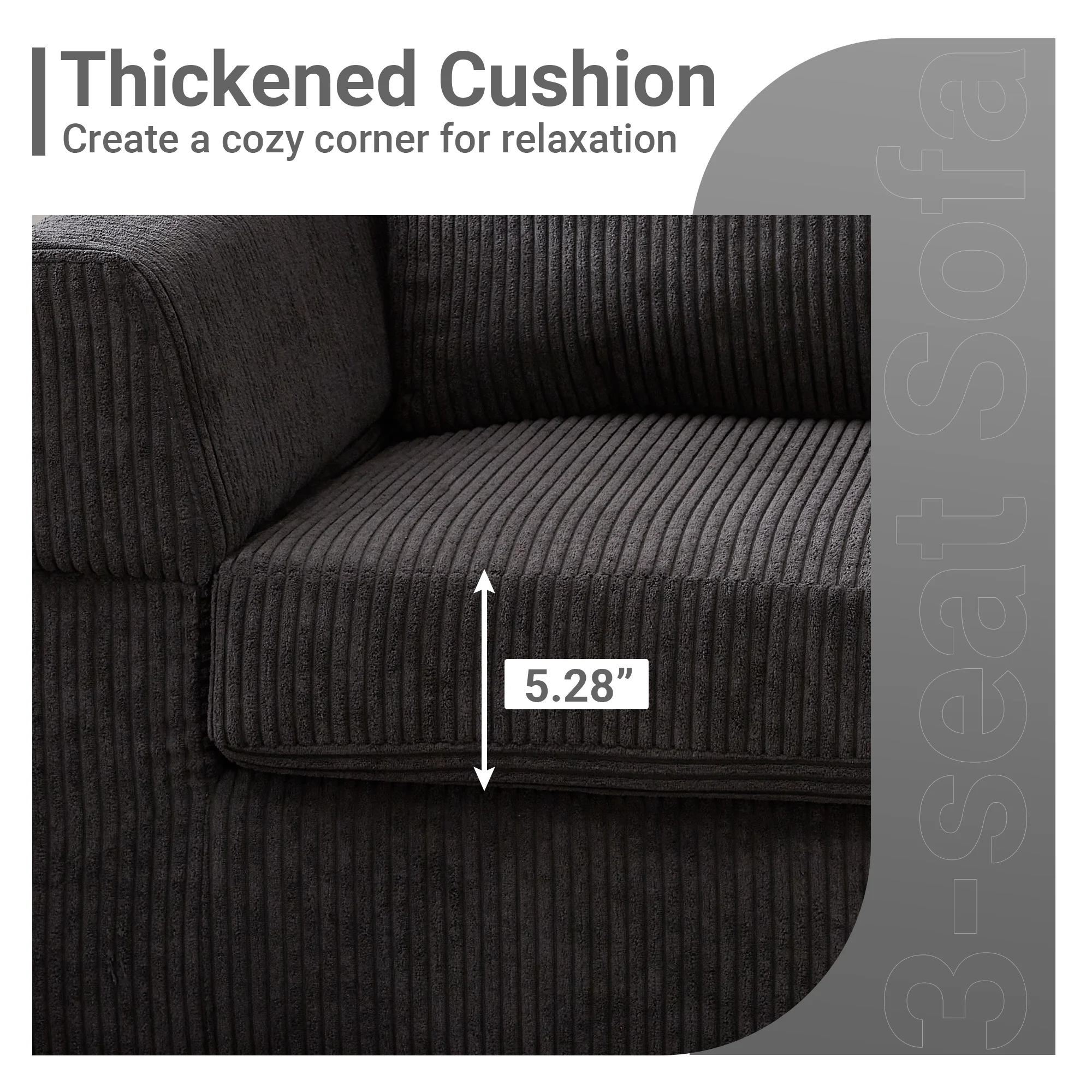 HOOOWOOO 96" 3-Seat Sectional Sofa Couch with Chaise for Living Room Office,Small L-Shape Corduroy Sofas Modern Convertible Sofa Couch-Black