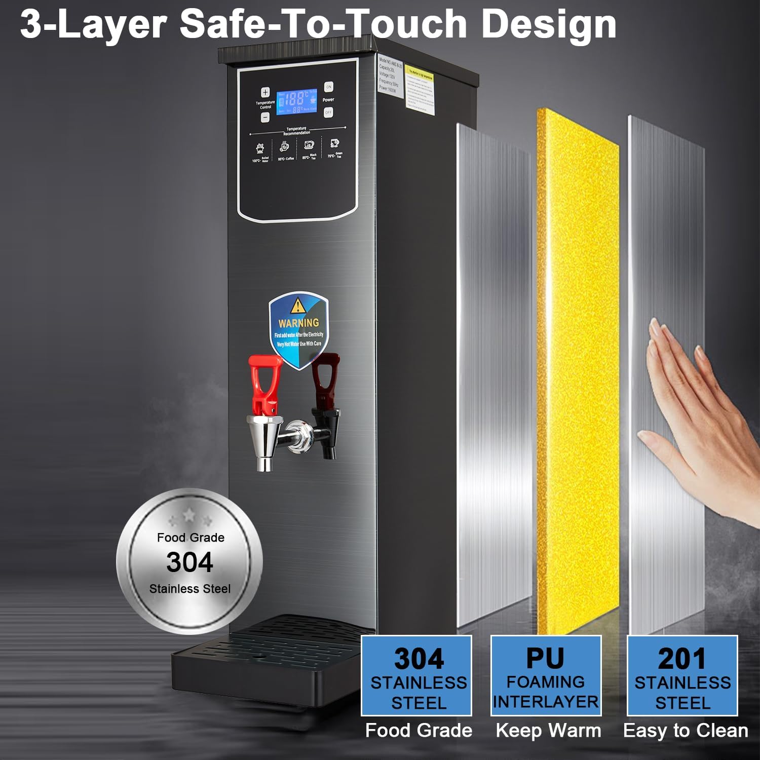 Hot Water Dispenser Commercial Water Boiler Electric Warmer Black Hot Water Machine, 50L/13Gal per Hour, Stainless Steel, Large Capacity, 1600W Fast Heating for Restaurant, Hotel, Office