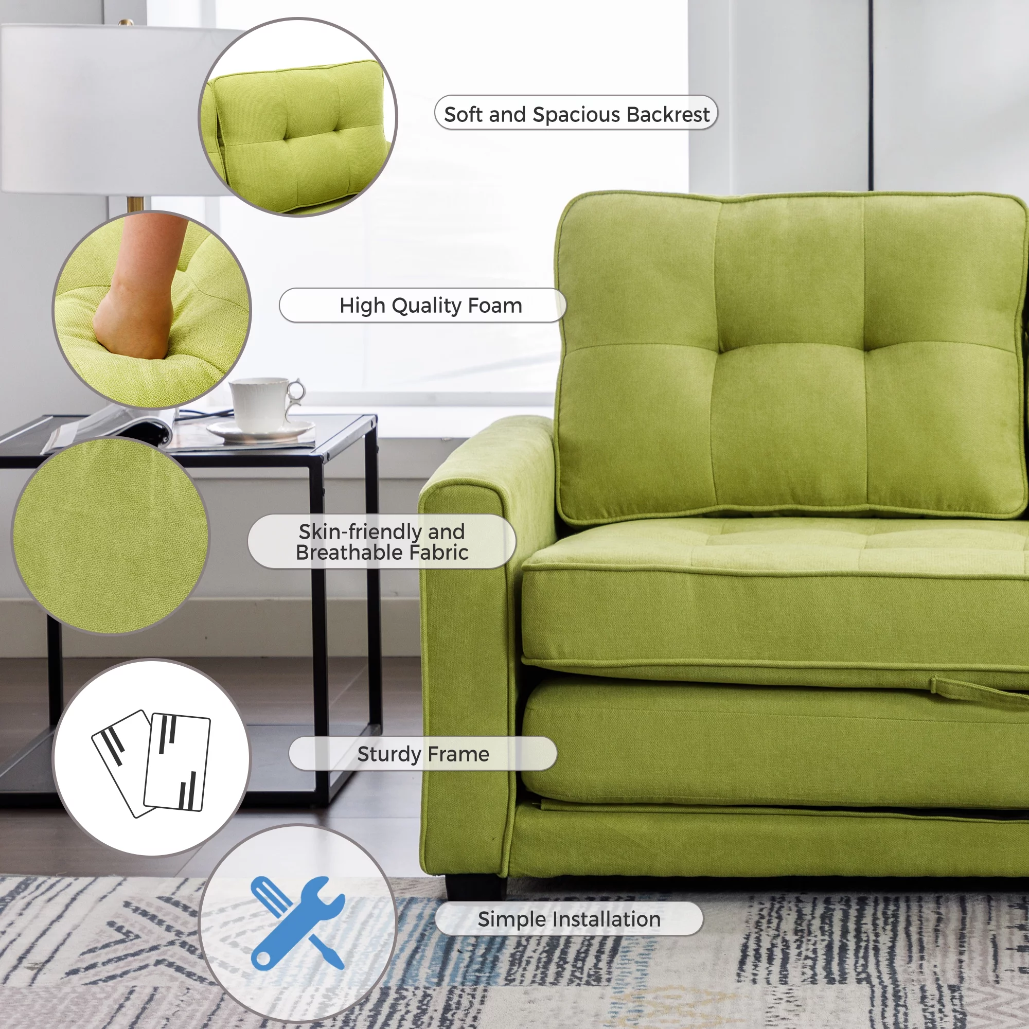 Churanty Convertible Sofa Bed Pull Out Sleeper Loveseat Sofa Chenille Upholstered Couch with Side Pockets for Small Space,Green - Curated Treasures Market