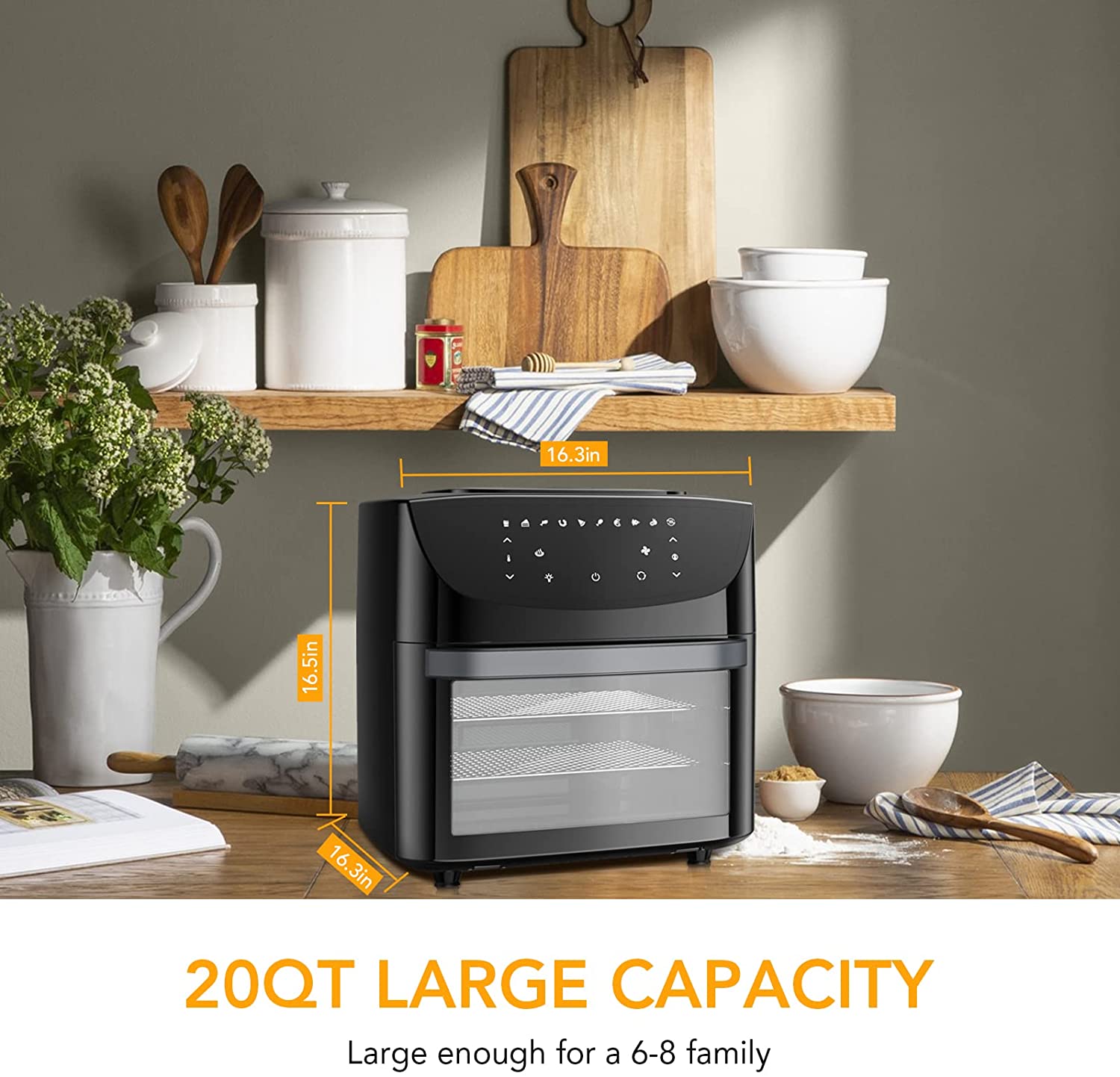 Air Fryer Oven 10-in-1, 20QT Acekool Large Airfryer Toaster Oven Combo 1800W Air Fryers with Rotisserie and Racks, Dehydrator, LED Digital Screen, 9 Accessories and Recipe Cookbook