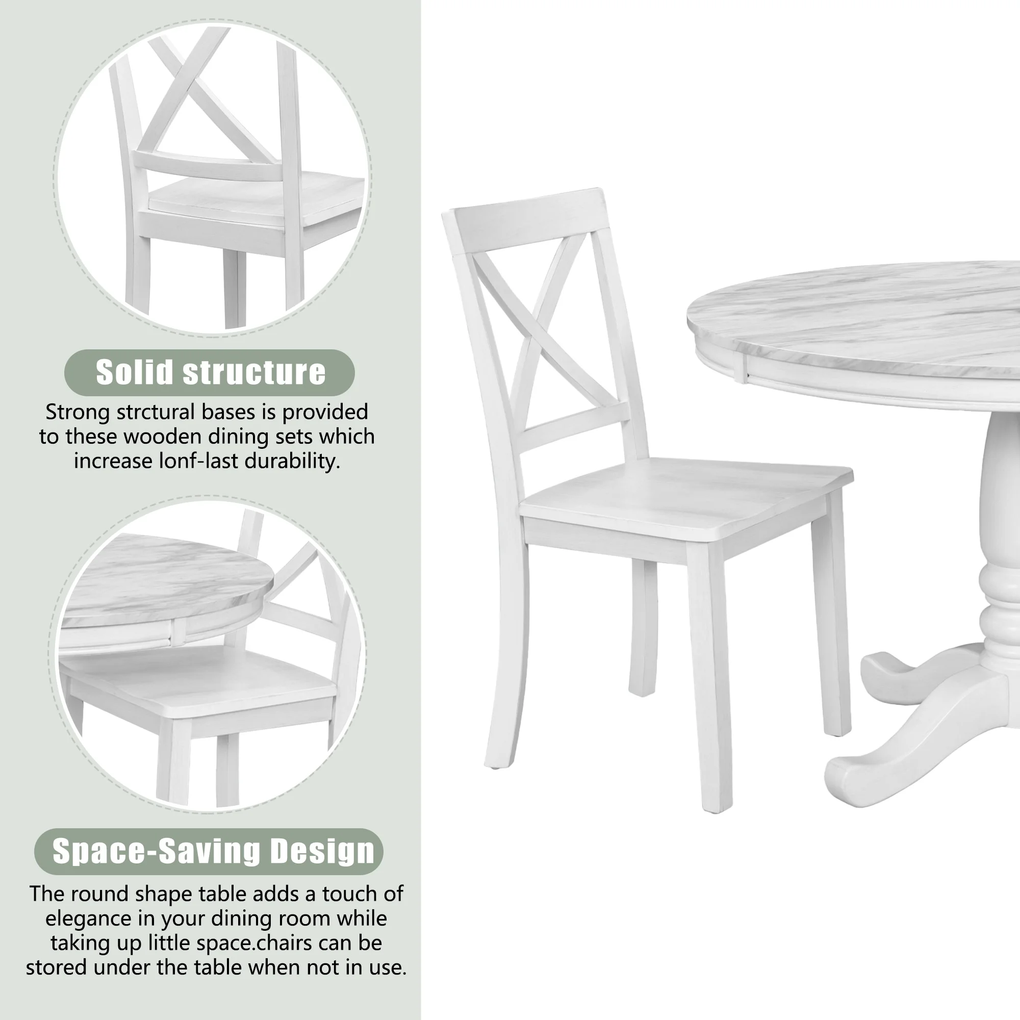 5-Piece Dining Table Set - Solid Wood Kitchen Table with Faux Marble Top & 4 Chairs - Contemporary Design, Easy Assembly White