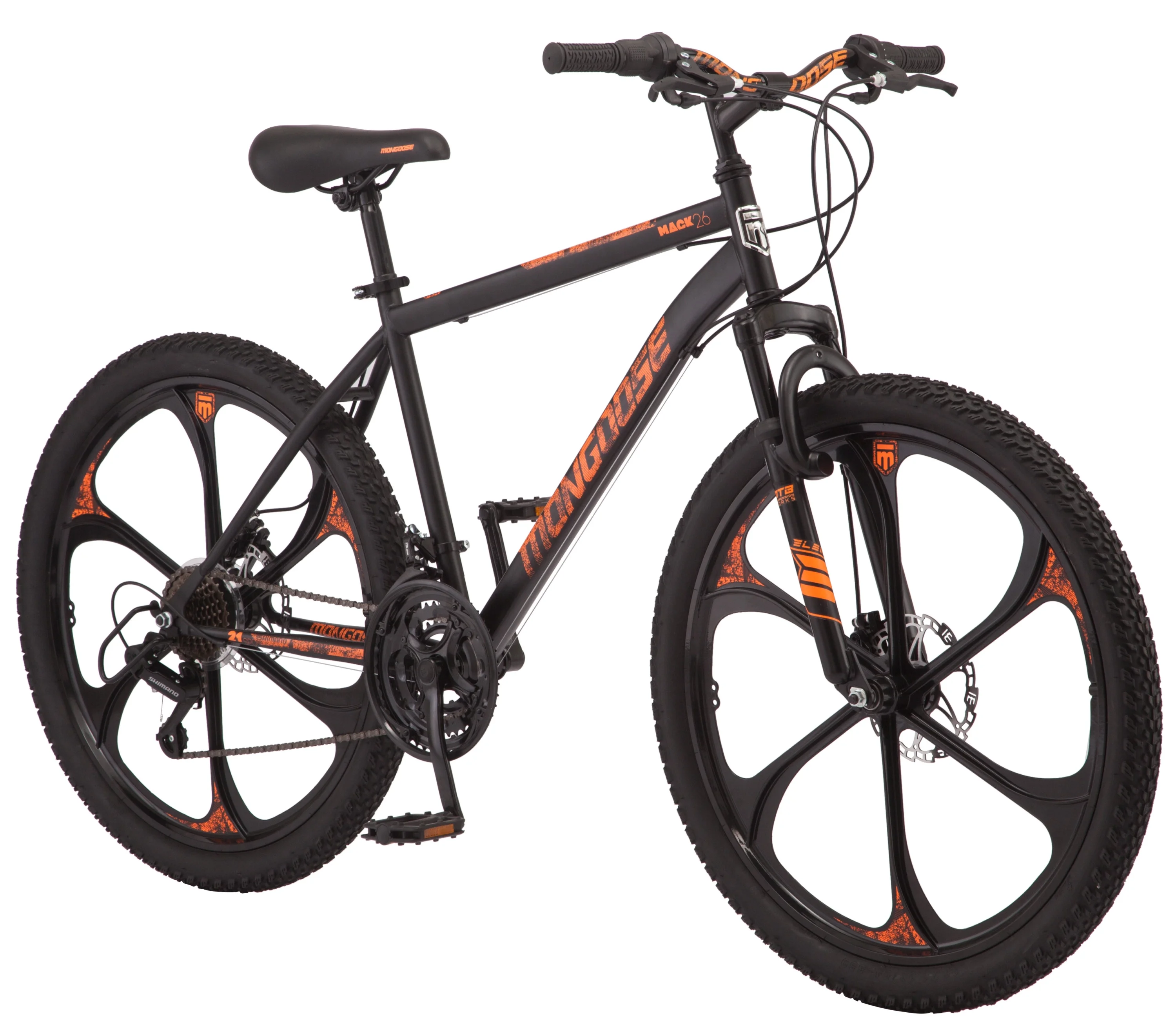 Mongoose Mack Mag Wheel Mountain Bike, 26" Wheels, 21 Speeds Shimano Revo Twist Shifters, Men's Frame, Orange On Black
