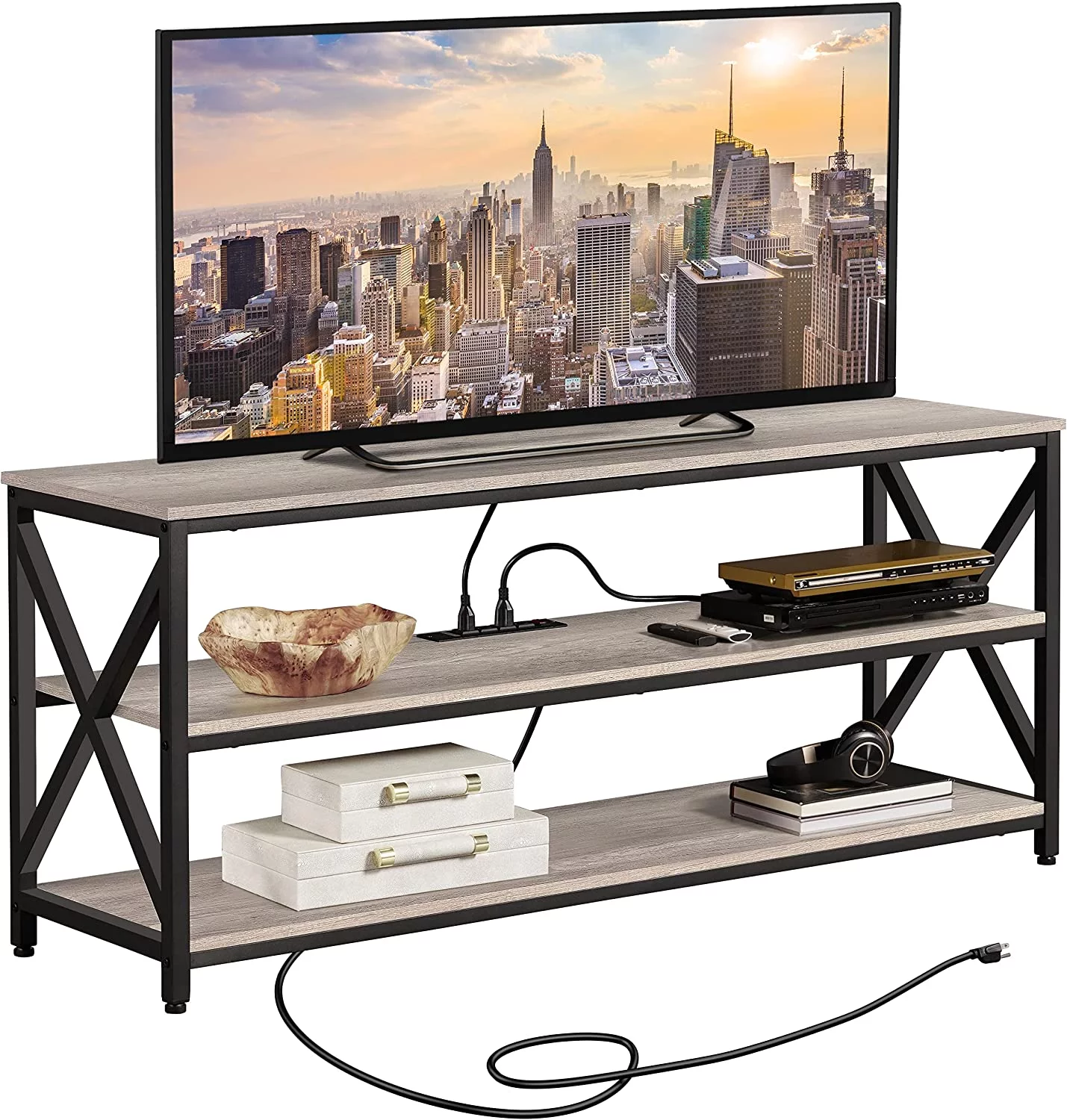 TV Stand for TV up to 65 inch, Industrial TV Cabinet with Power Outlets for Living Room, Media Entertainment Center TV Console with 3 Tier Storage Shelves & Charging Station, Rustic Brown