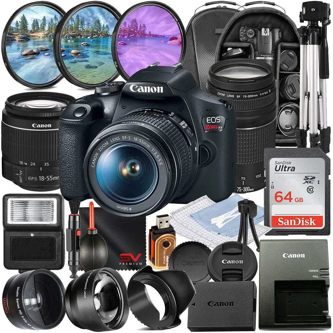Canon EOS Rebel T7 DSLR Camera with 18-55mm + 75-300mm Zoom Lens + SanDisk 64GB Memory + Tripod + Backpack + SV Premium Accessory Bundle - Curated Treasures Market