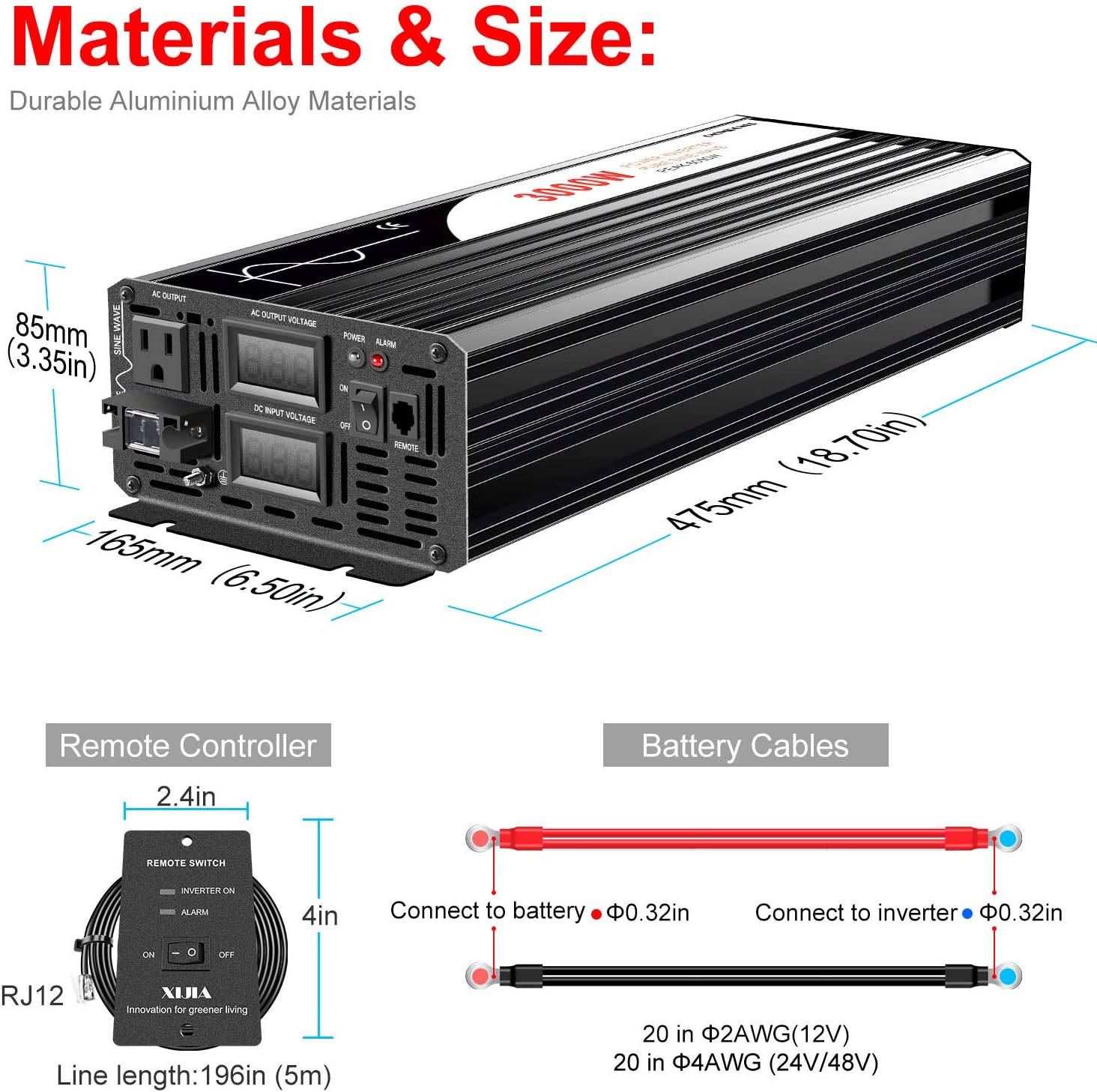 Xijia 3000W (Peak Power 6000W) Pure Sine Wave Power Inverter DC24V to 110V 120V ac Converter 60HZ with Soft Start for car &Camping (DC24V (Range 20V-30V) 3000W)