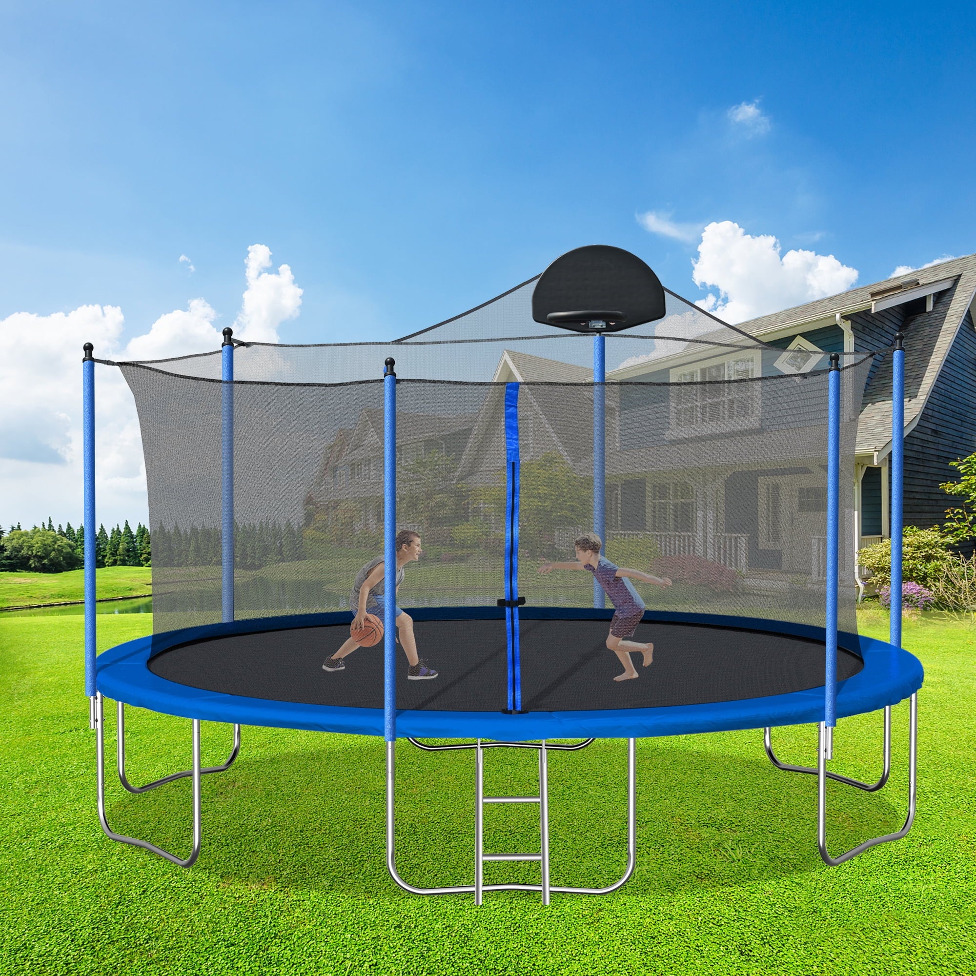 Highsound 14 FT Trampoline for Adults/Kids with Safety Enclosure Net, Basketball Hoop and Ladder, Heavy Duty Outdoor Recreational Trampolines for Family, Easy Assembly