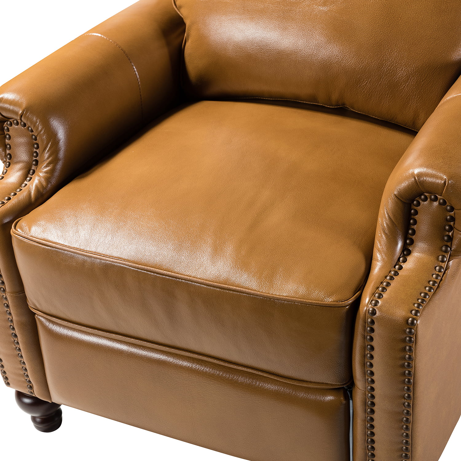 Genuine Leather Recliner Chair Mid-century Modern Wood Legs Nailhead Trim Armchair Living Room Office Camel