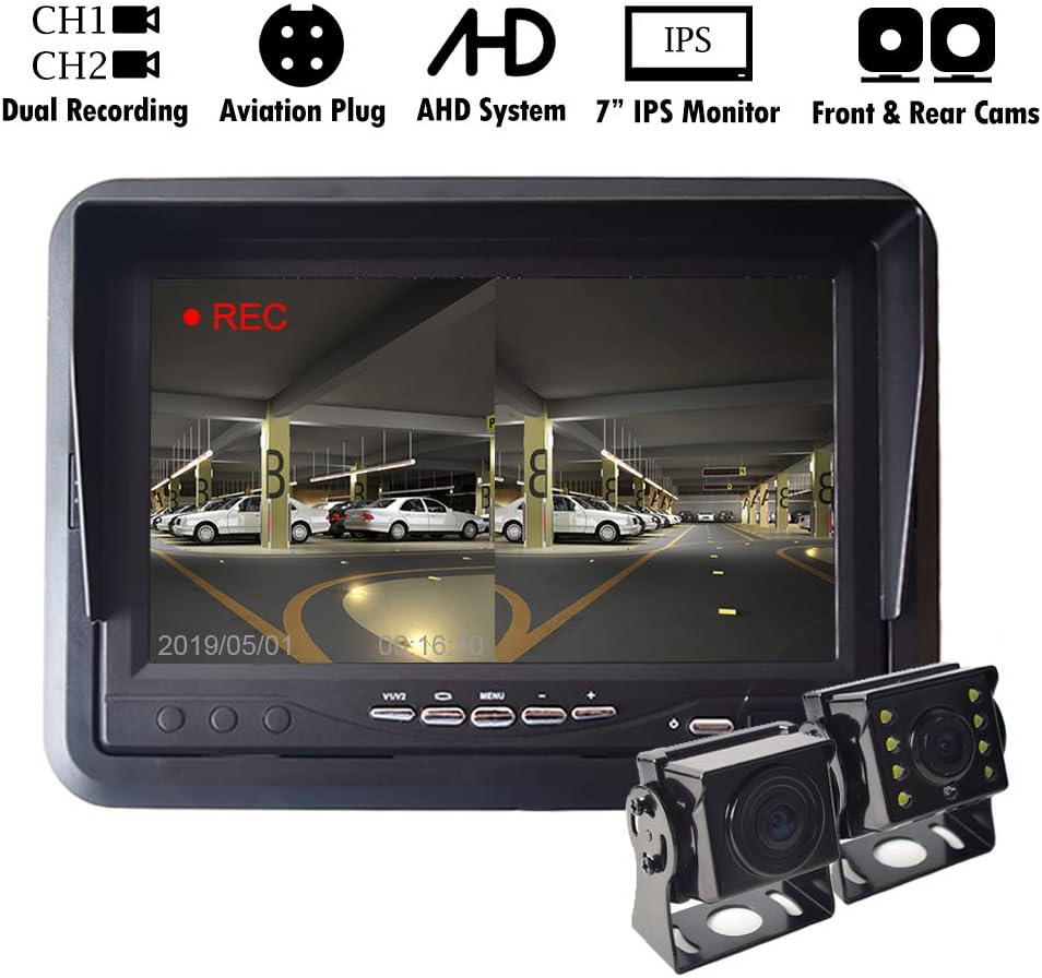 AHD Car Backup System with DVR 7 inch IPS Monitor with Rear & Front View Camera Dual Recording for Truck Bus Trailer Motorhome Caravan Camper Surveillance 4-PIN Aviation Plug 12V-24V Night Vision