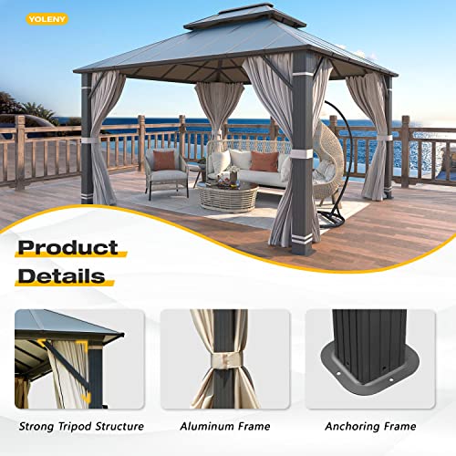 YOLENY 10' x 12' Hardtop Gazebo, Wood-Looking Gazebo with Galvanized Steel Double Roof, Aluminum Frame, Permanent Metal Pavilion with Netting and Curtains for Deck, Backyard, Patio and Lawns