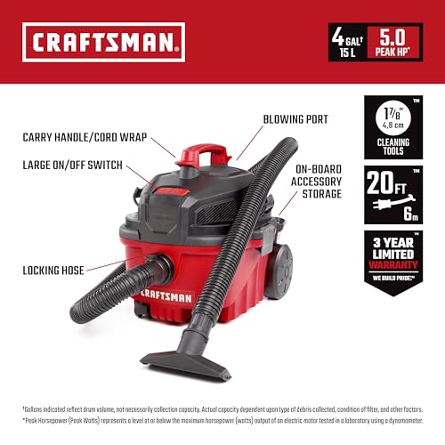 CRAFTSMAN CMXEVBE17040 4 Gallon 5.0 Peak HP Wet/Dry Vac, Portable Shop Vacuum with Attachments