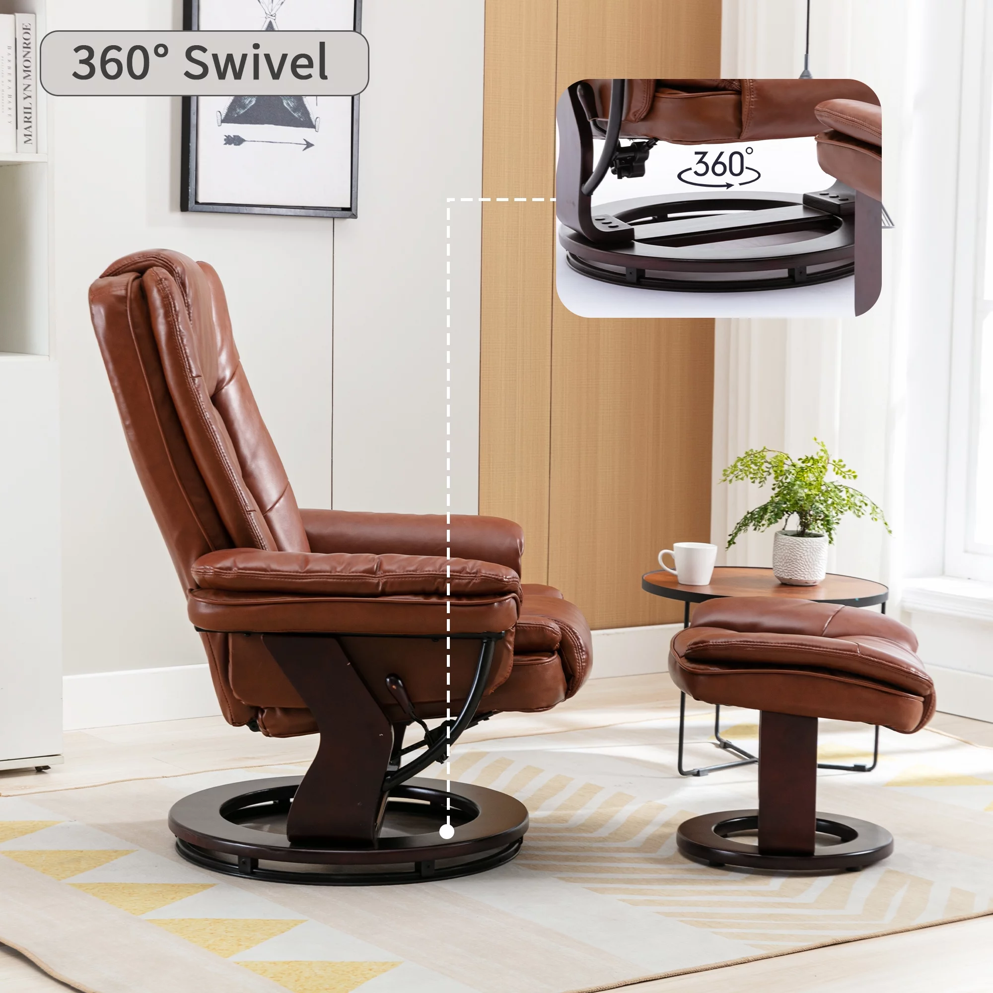 32'' Wide Manual Swivel Standard Recliner with Ottoman,Faux Leather,Brown