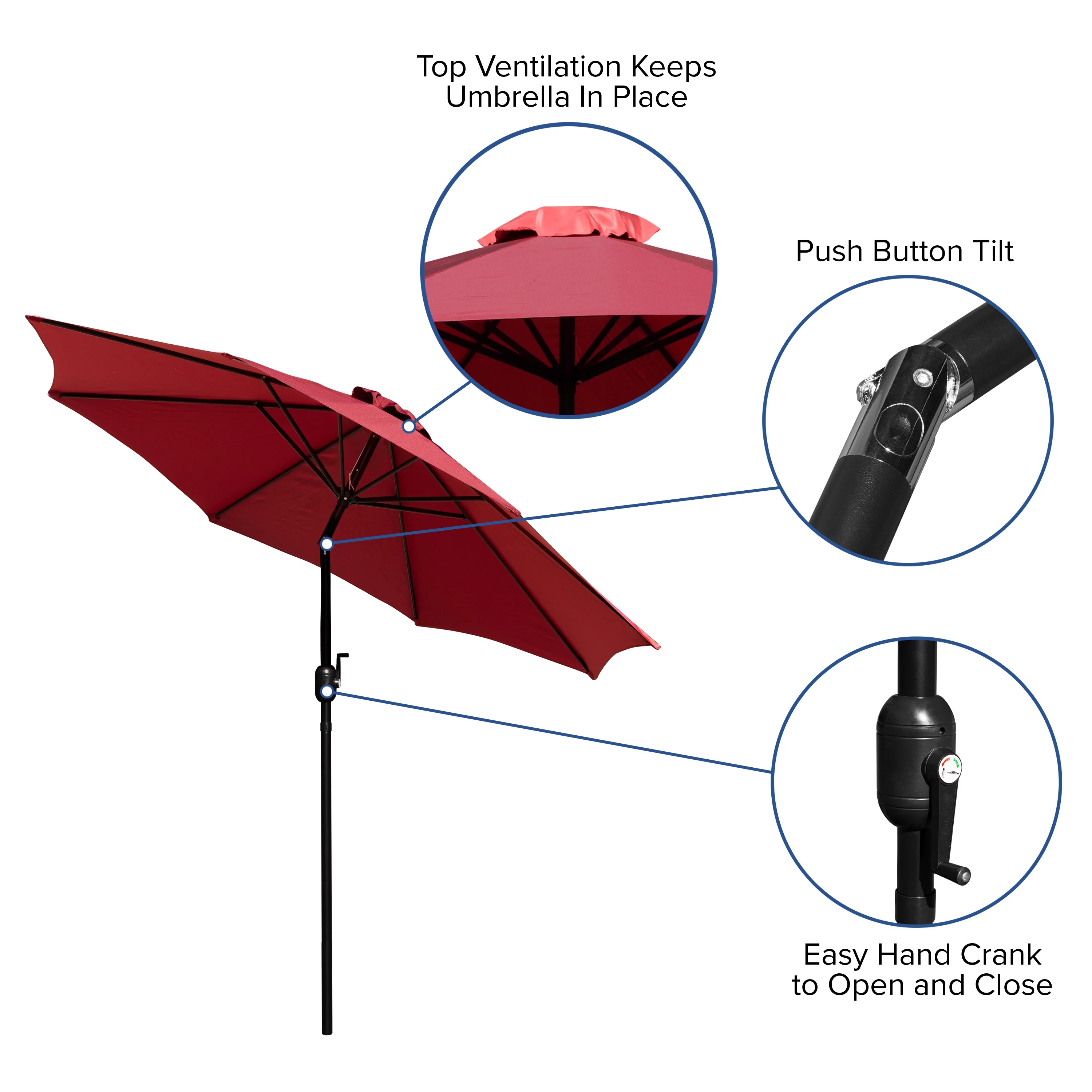 Flash Furniture Kona Red 9 FT Round Umbrella with 1.5" Diameter Aluminum Pole with Crank and Tilt Function