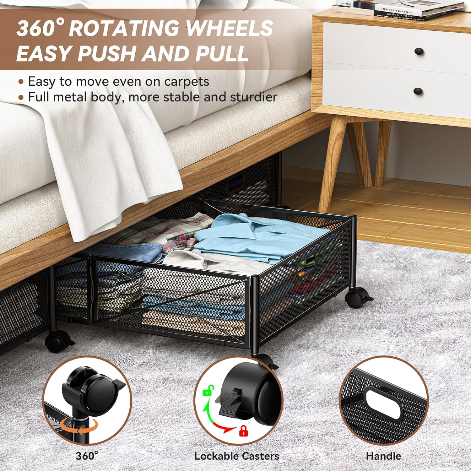 Under Bed Storage Containers with Wheels, Under Bed Shoe Storage Organizer Drawer, Tool-free Assembly Metal Storage Containers for Bedroom Clothes Shoes Blankets -2PCK