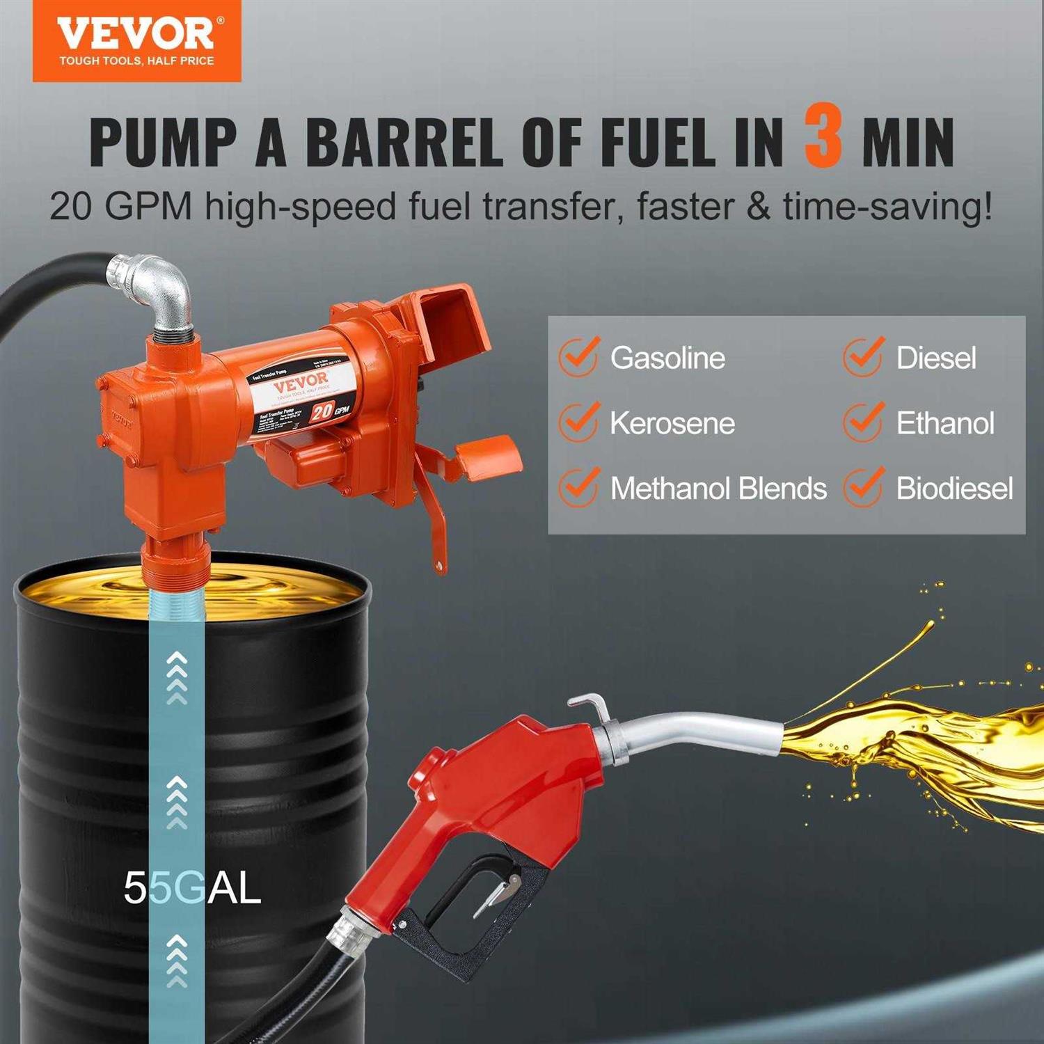 VEVOR Fuel Transfer Pump 12V DC 20 GPM 1/4 HP Gasoline Extractor Pump with Automatic Nozzle - Shop Hardware Tools Online Store