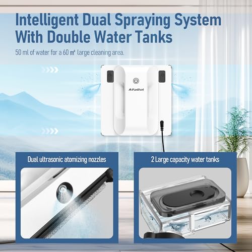 AlfaBot Window Cleaner Robot, Upgraded Intelligent Dual Water Spray & 3800PA Suction Power Window Cleaner with Edge Detection Technology, Perfect for High-Rise Windows, Tiles and Glass, Outdoor Use