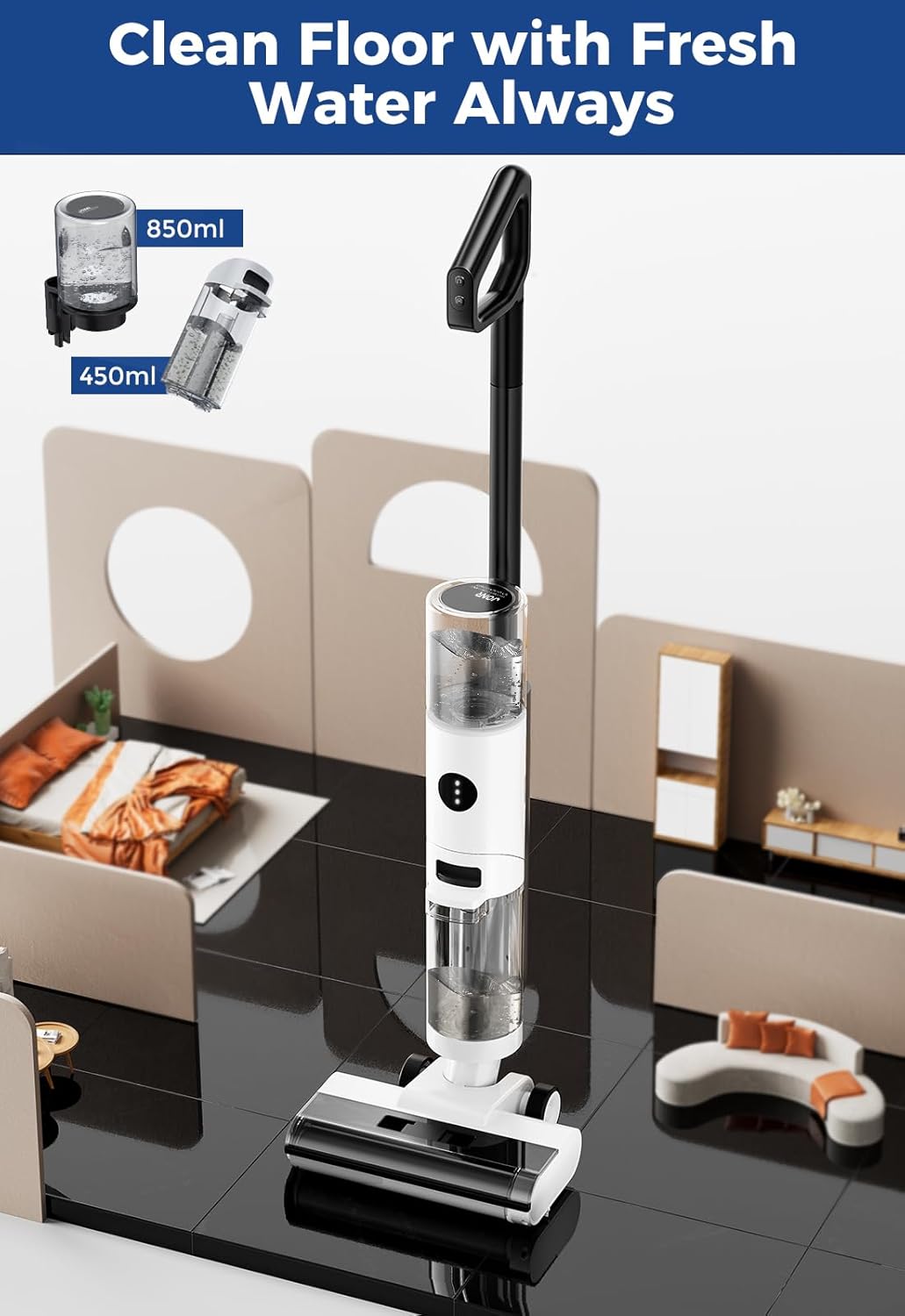 ED12 Cordless Wet Dry Vacuum Floor Cleaner and Mop Combo, Edge Cleaning, One-Step Cleaning, Electric Mop with Suction, 850ml Water Tank, 30 Minutes Running Time for Hard Floors, Pet Hair