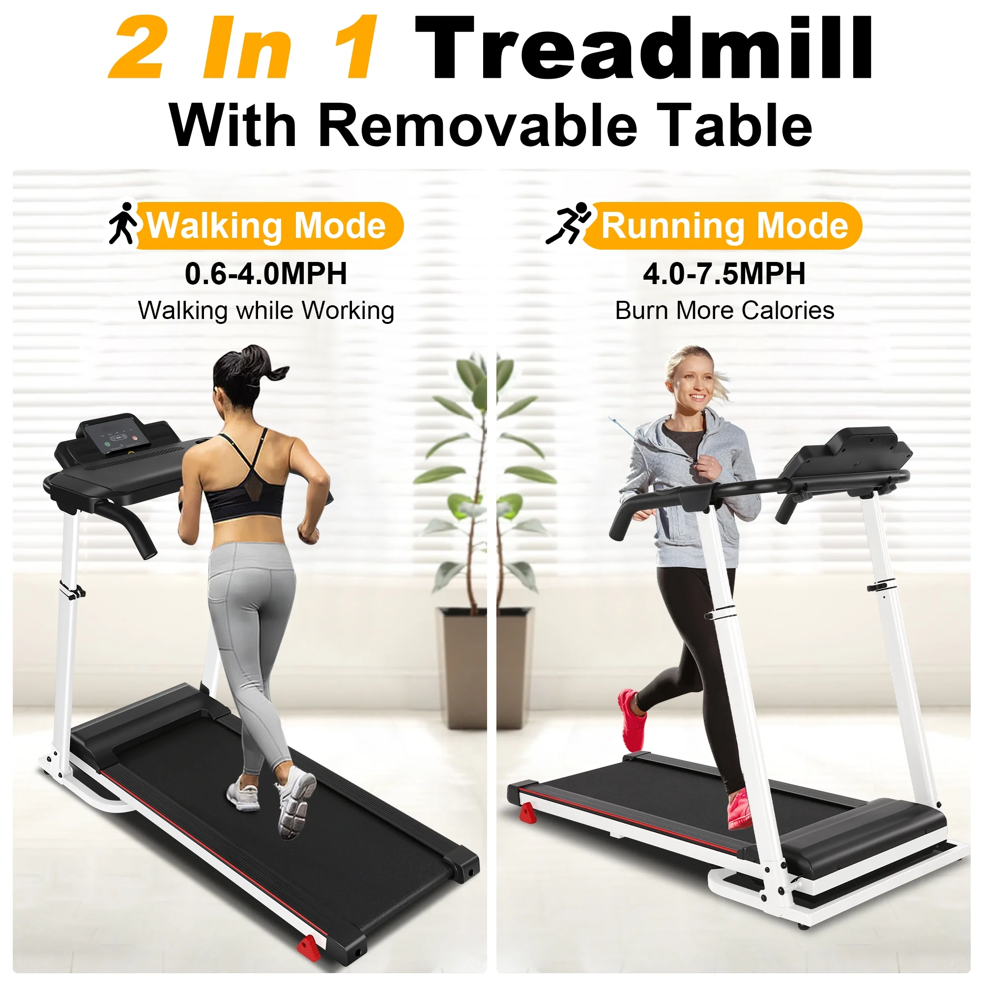 Tikmboex Folding Treadmill with Removable Tabletop and Incline, 2.5 HP Running Machine and 300Lbs Capacity for Home Office Use,White