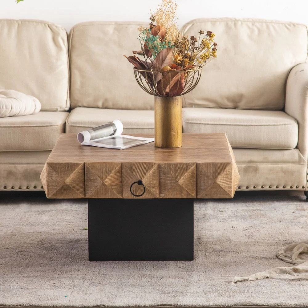 Motent 32.28"Three-dimensional Embossed Pattern Square Retro Coffee Table with 2 Drawers and MDF Base