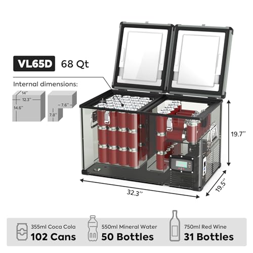 ICECO VL65 Quart Series Dual Zone Portable Refrigerator with SECOP Compressor, 65 Liters Deep Freezer, DC 12/24V, AC 110-240V, 0℉ to 50℉, Home & Car Use