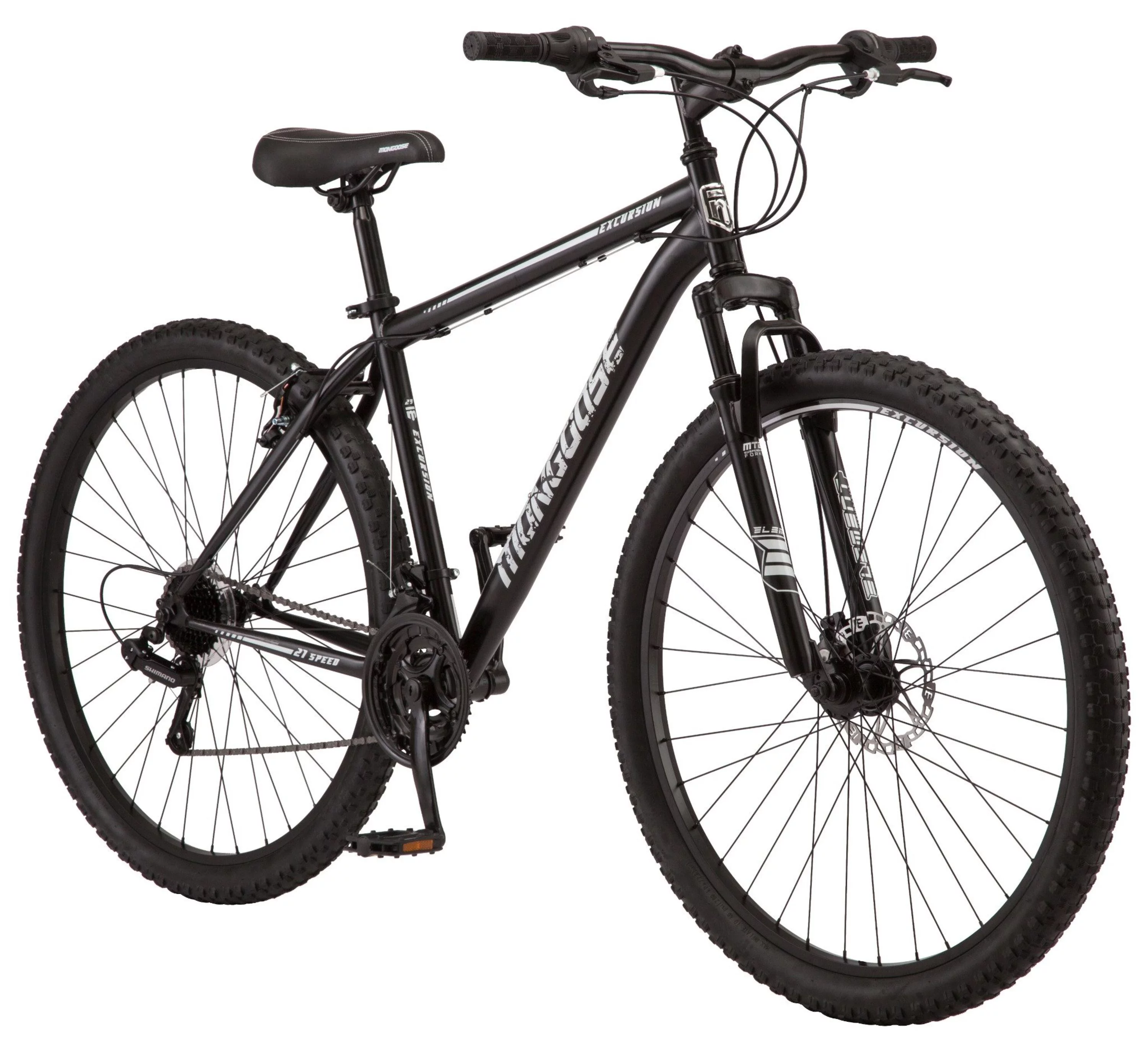 Mongoose Excursion Men's Mountain Bike, 29 inch wheels, 21 speeds, black / white - Curated Treasures Market