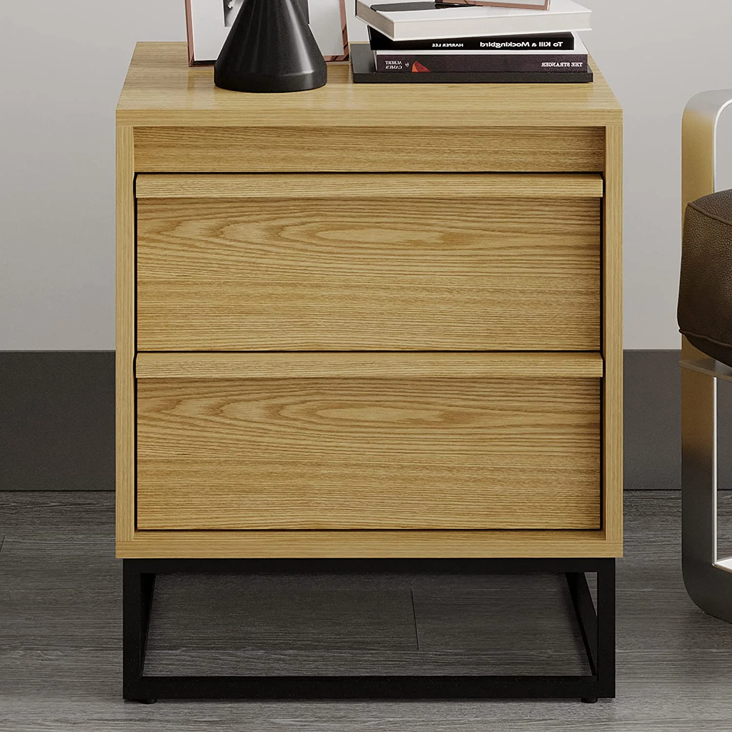 Cyra Natural Oak Nightstand - Fully Assembled Solid Wood Night Stand With Two Drawers, Black Metal Base - Ideal Wooden Nightstand For Bedroom