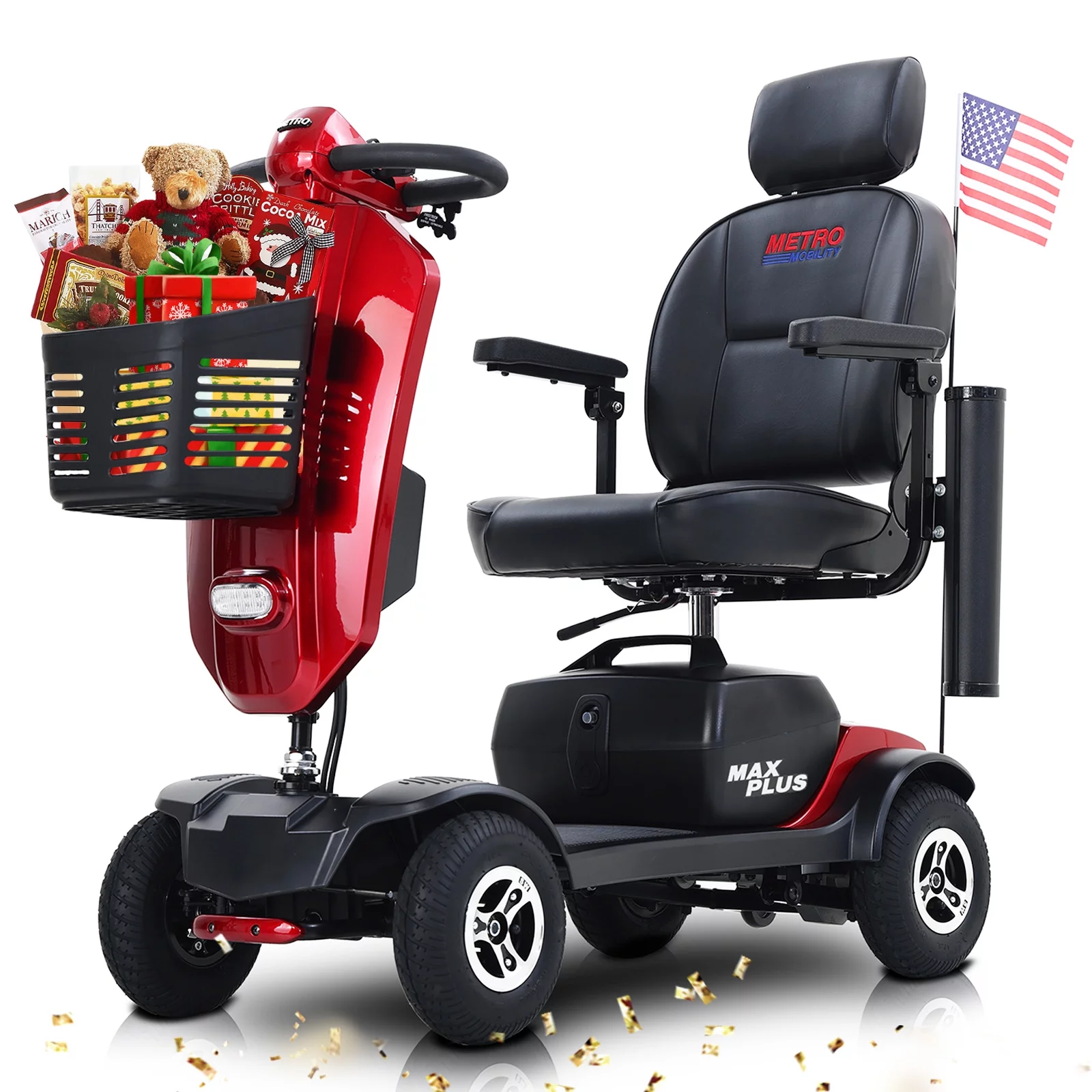 Mobility Scooter 4 Wheels LED Lights USB Port Extra Long Range for Seniors Adults Red