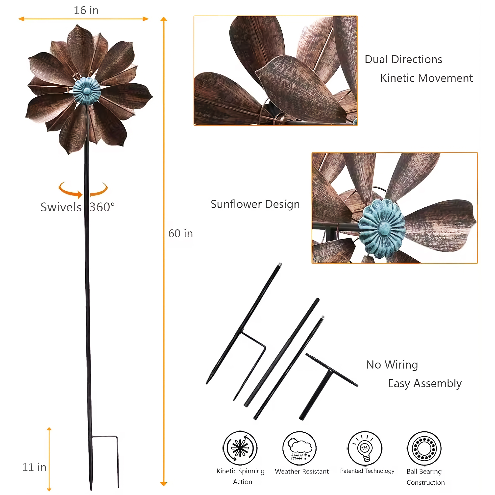 Wind Spinner, 60 inch Metal Wind Spinner, 360° Dual Direction Kinetic Wind Spinners with Bronze Leaves and Blue Flower Core, Windmill for Outdoor Yard Patio Lawn & Garden